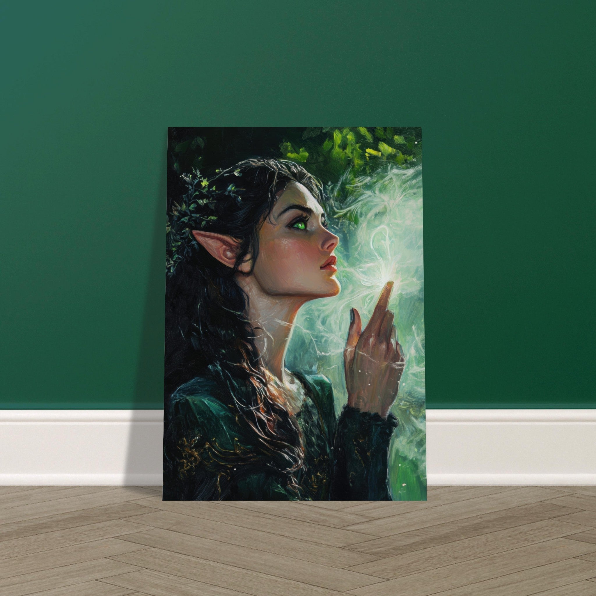 Fine Art Poster Portrait - The Fae Sorceress of the Emerald Woods Oil Faint 7 - Shop Ai Art WebShop - Digital Art online Store
