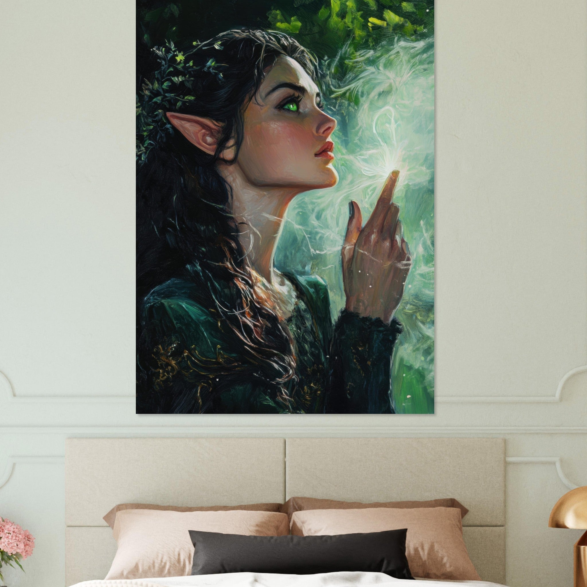 Fine Art Poster Portrait - The Fae Sorceress of the Emerald Woods Oil Faint 7 - Shop Ai Art WebShop - Digital Art online Store