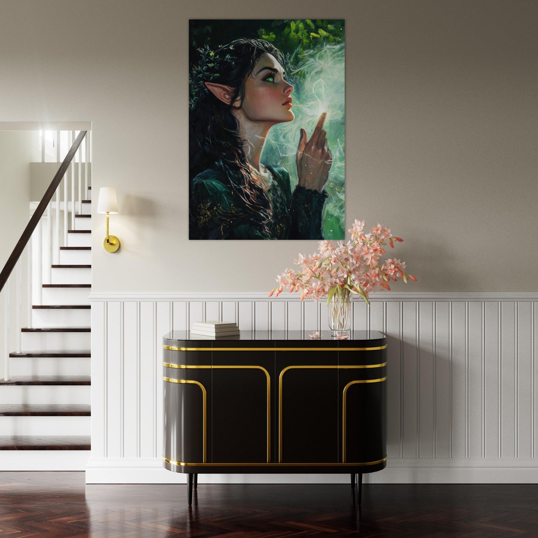 Fine Art Poster Portrait - The Fae Sorceress of the Emerald Woods Oil Faint 7 - Shop Ai Art WebShop - Digital Art online Store