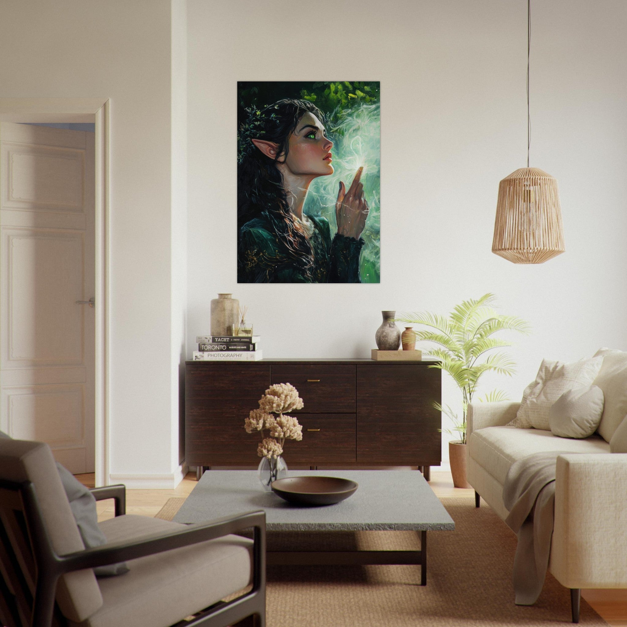Fine Art Poster Portrait - The Fae Sorceress of the Emerald Woods Oil Faint 7 - Shop Ai Art WebShop - Digital Art online Store