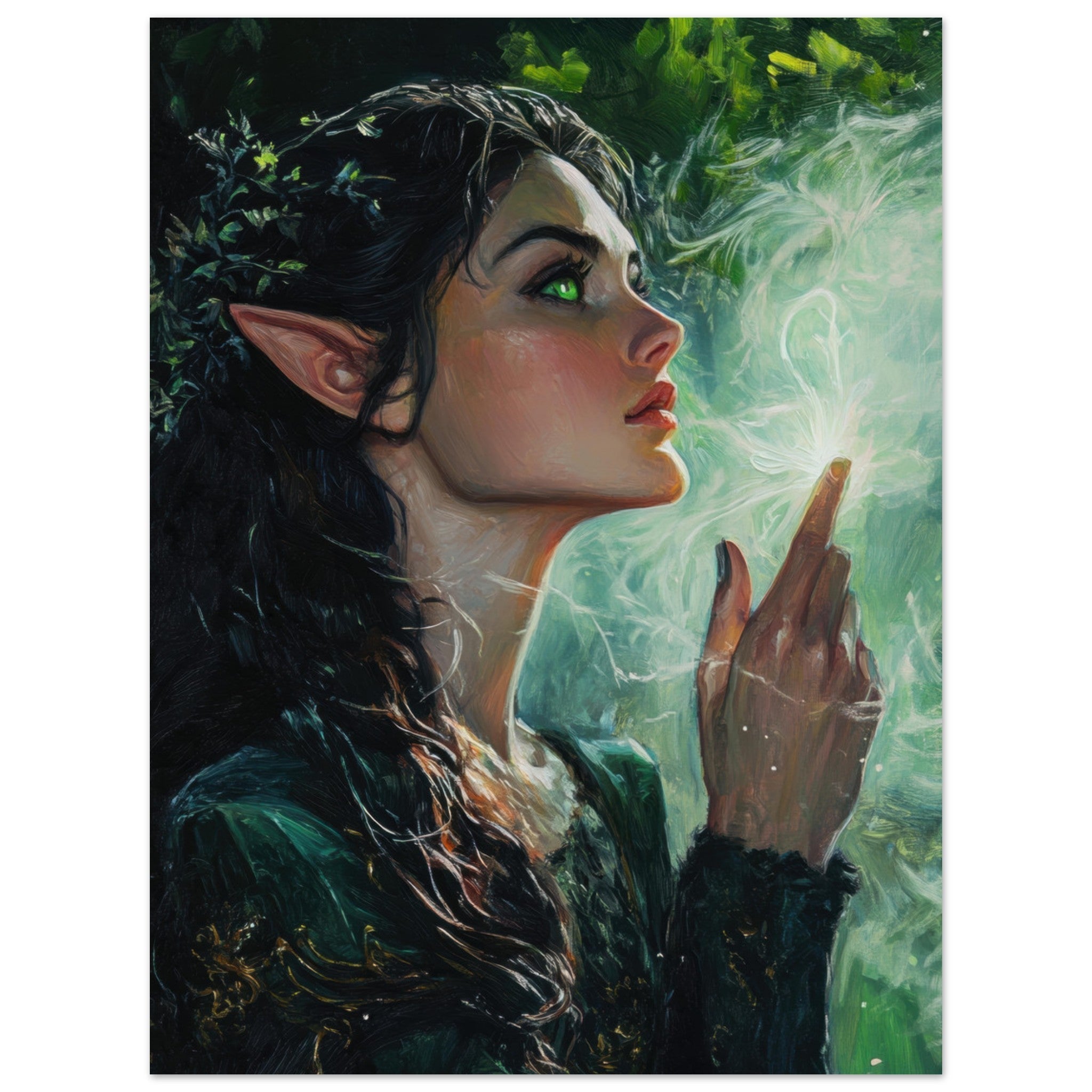 Fine Art Poster Portrait - The Fae Sorceress of the Emerald Woods Oil Faint 7 - Shop Ai Art WebShop - Digital Art online Store