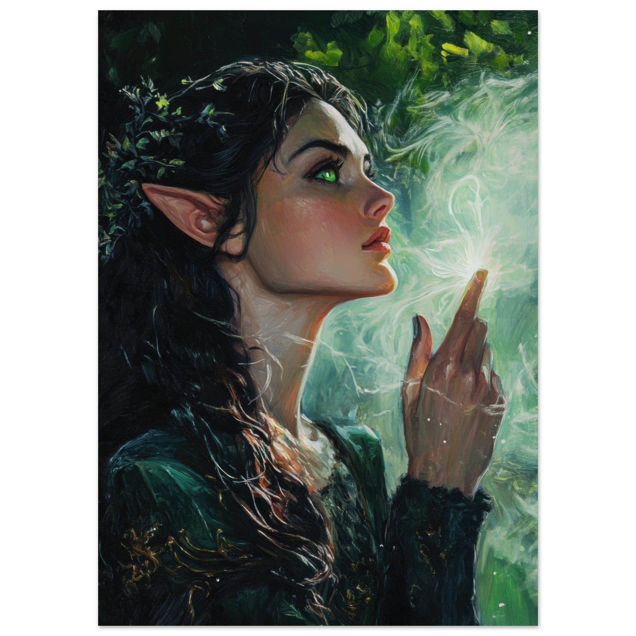 Fine Art Poster Portrait - The Fae Sorceress of the Emerald Woods Oil Faint 7 - Shop Ai Art WebShop - Digital Art online Store