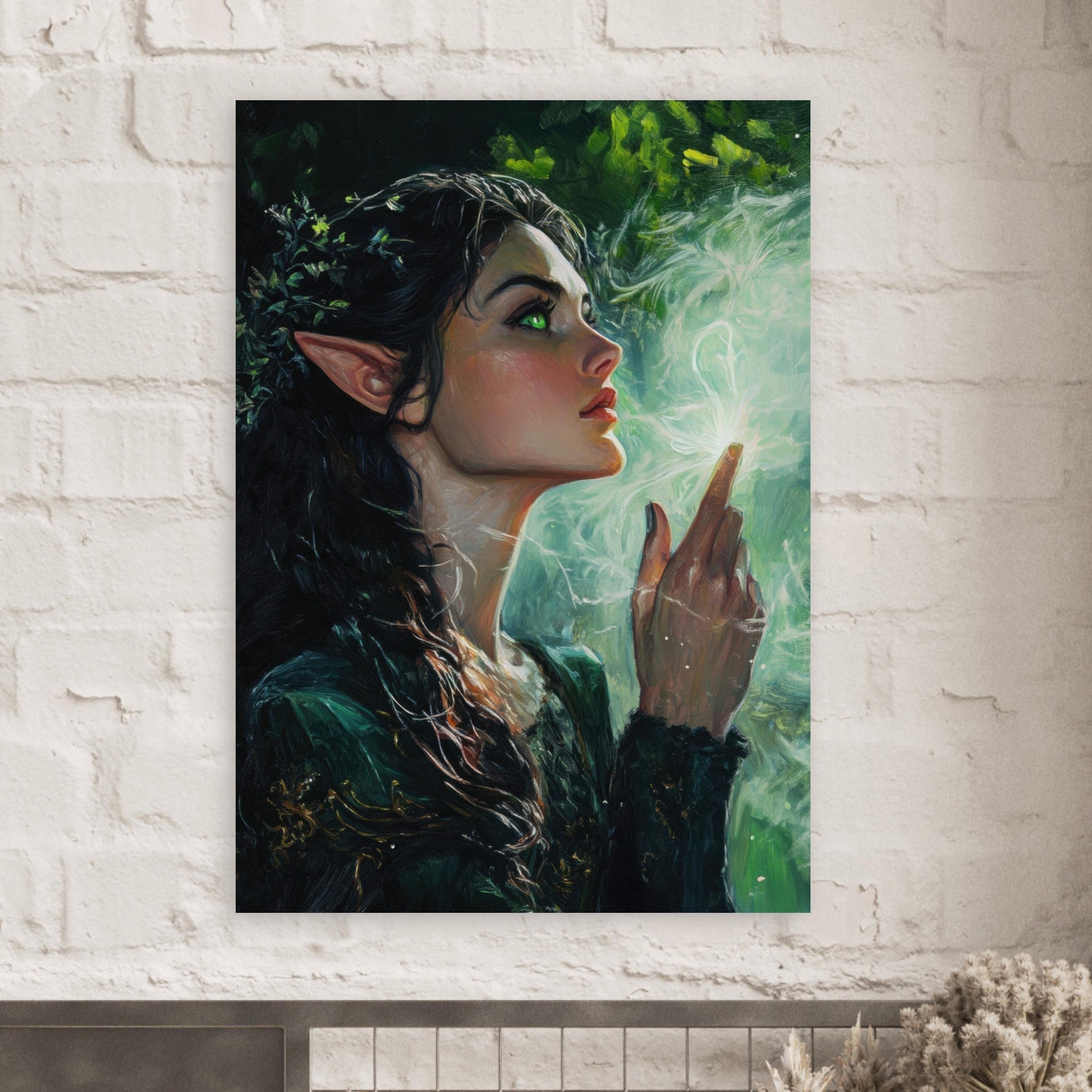 Fine Art Poster Portrait - The Fae Sorceress of the Emerald Woods Oil Faint 7 - Shop Ai Art WebShop - Digital Art online Store