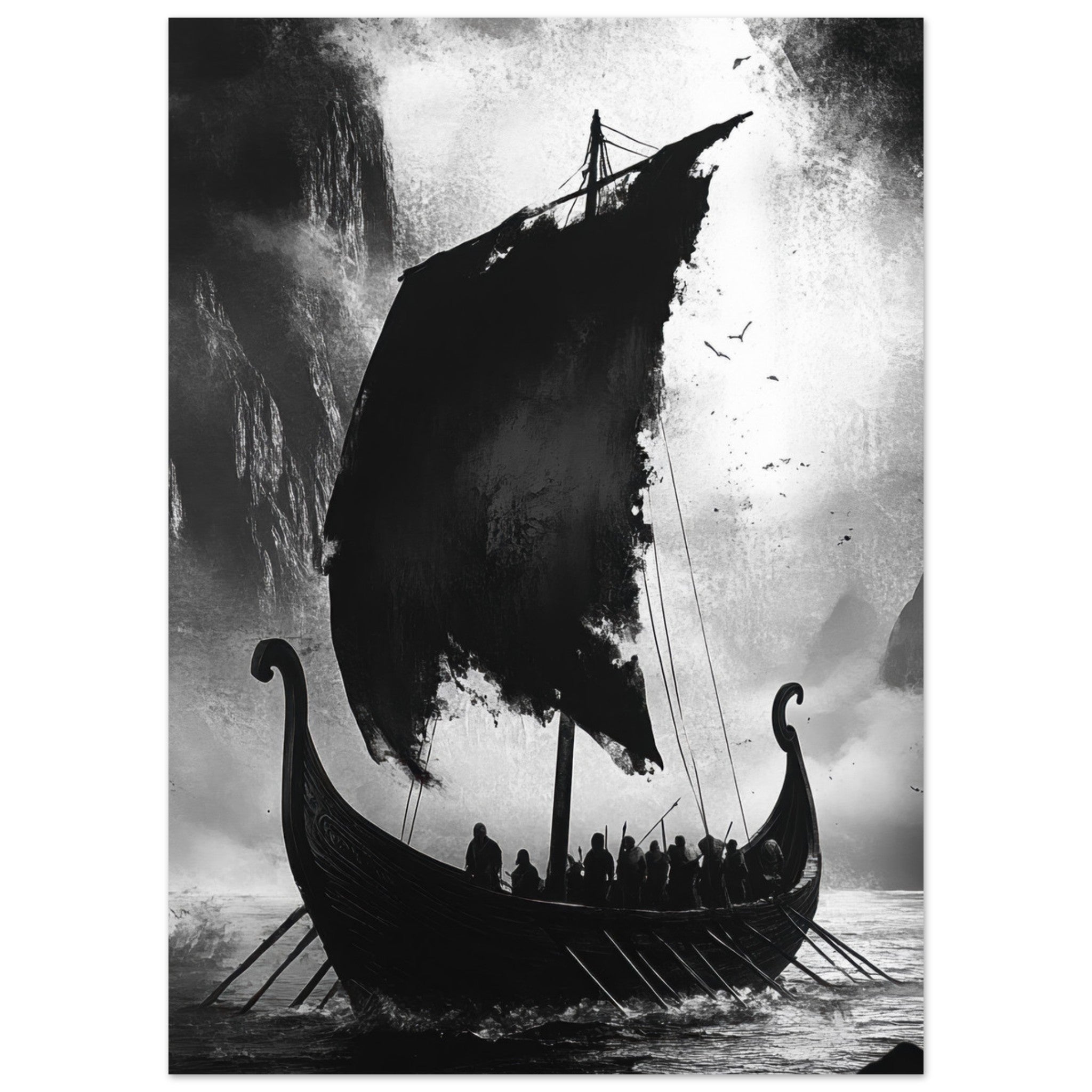 Fine Art Poster Portrait - The Ghostly Viking Longship Dark Nordic Ink Met - Shop Ai Art WebShop - Digital Art online Store