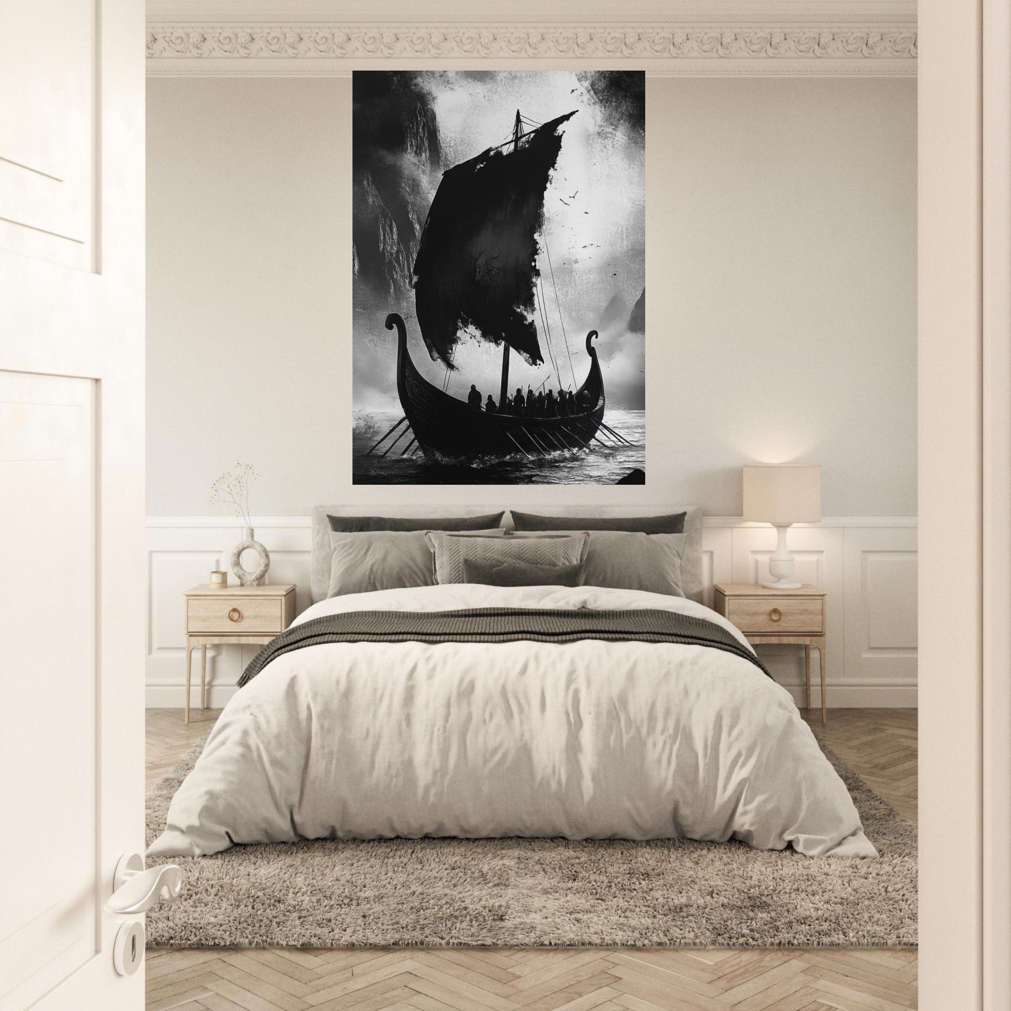 Fine Art Poster Portrait - The Ghostly Viking Longship Dark Nordic Ink Met - Shop Ai Art WebShop - Digital Art online Store