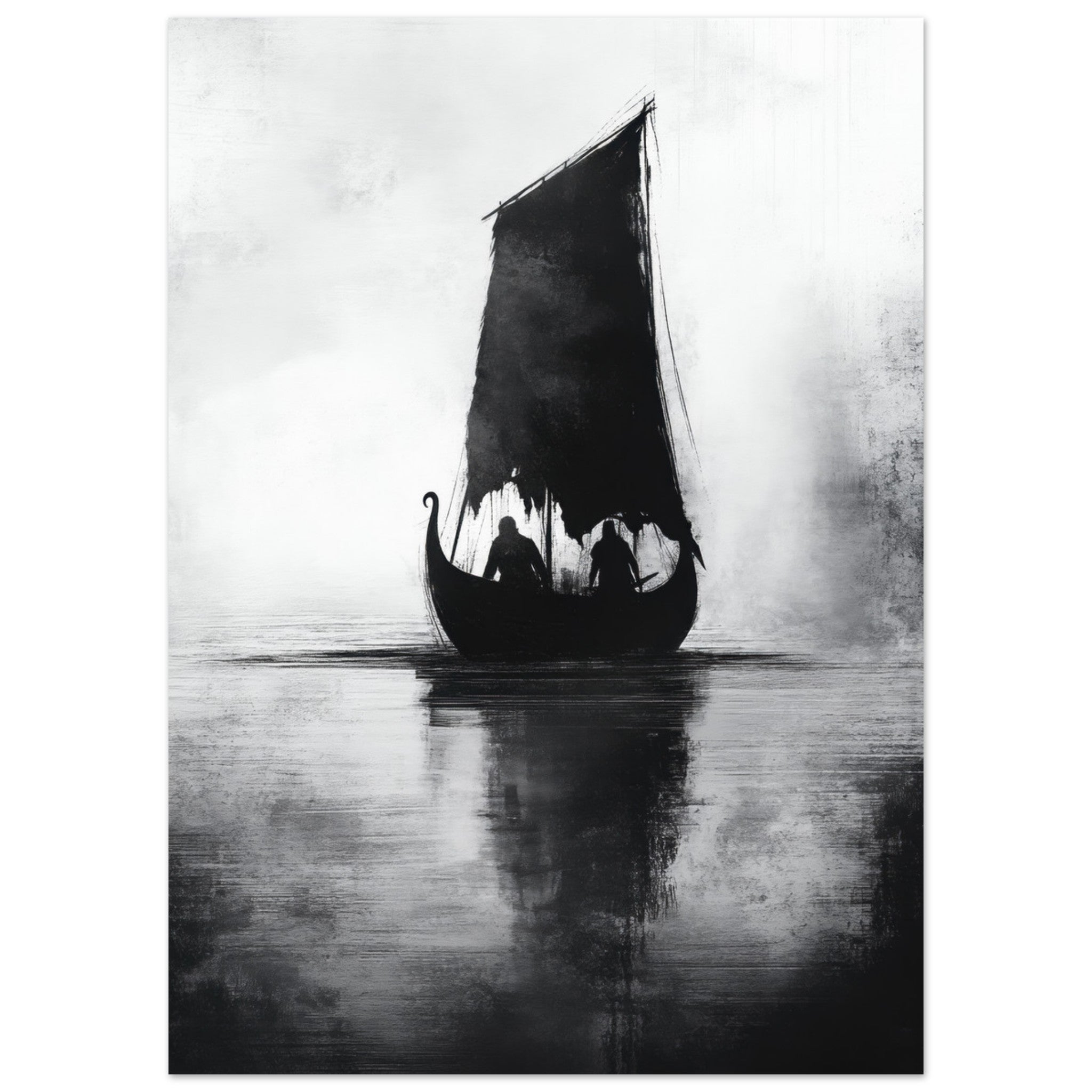 Fine Art Poster Portrait - The Ghostly Viking Longship Dark Nordic Ink Met 4 - Shop Ai Art WebShop - Digital Art online Store