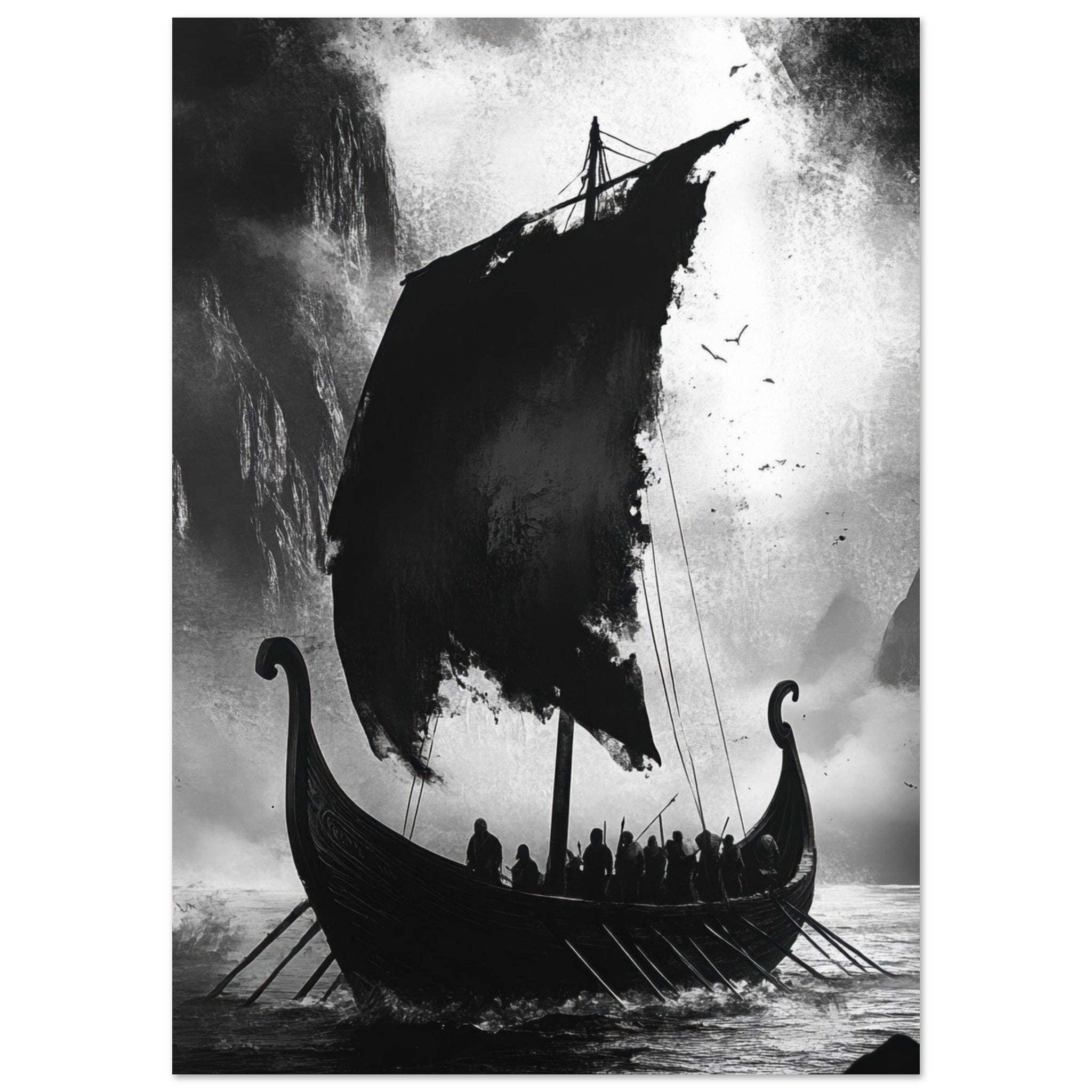 Fine Art Poster Portrait - The Ghostly Viking Longship Dark Nordic Ink Met - Shop Ai Art WebShop - Digital Art online Store
