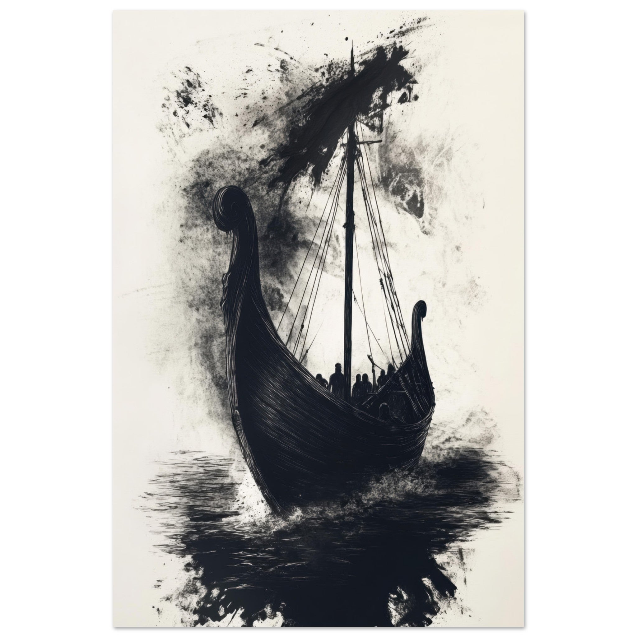 Fine Art Poster Portrait - The Ghostly Viking Longship Dark Nordic Ink Met 5 - Shop Ai Art WebShop - Digital Art online Store