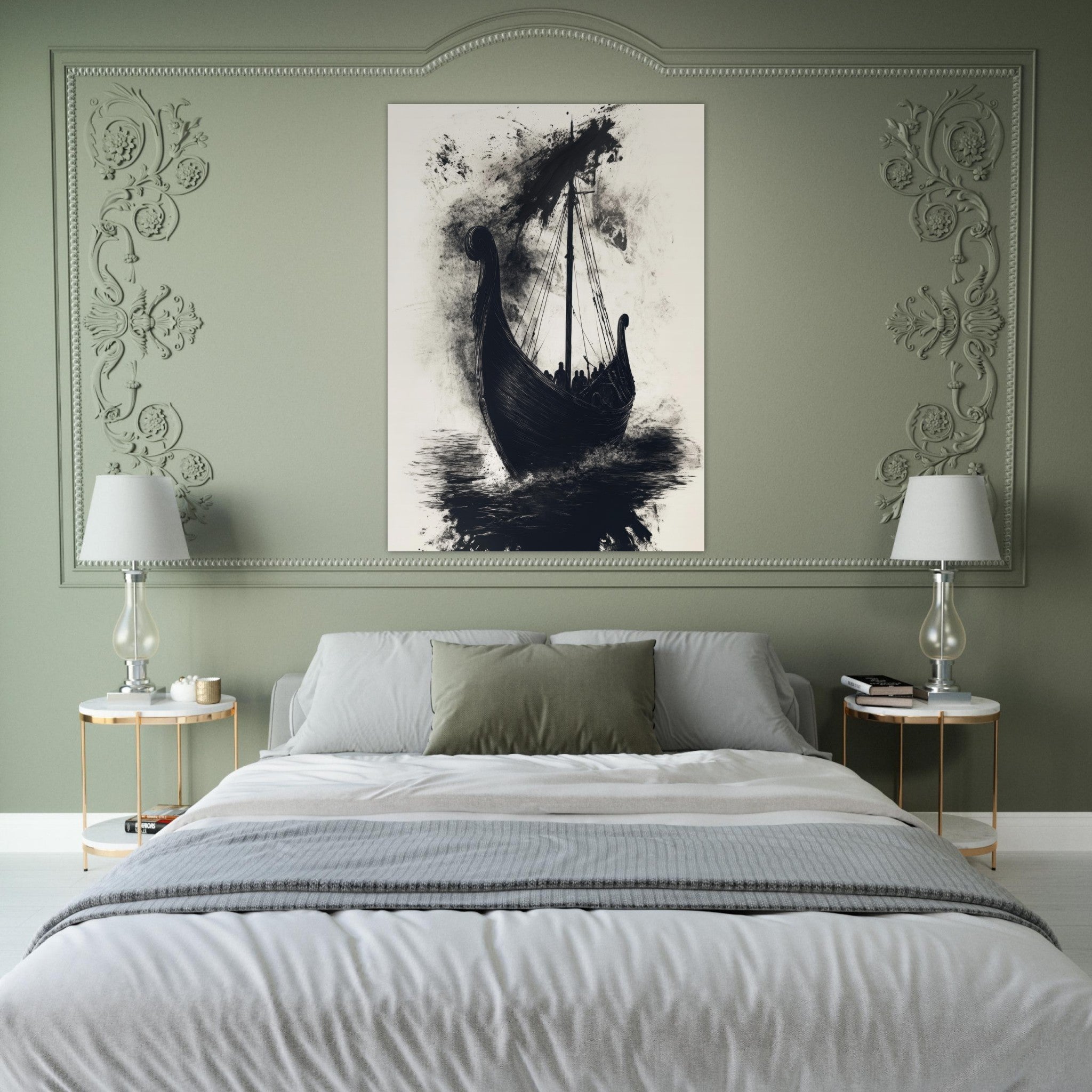 Fine Art Poster Portrait - The Ghostly Viking Longship Dark Nordic Ink Met 5 - Shop Ai Art WebShop - Digital Art online Store