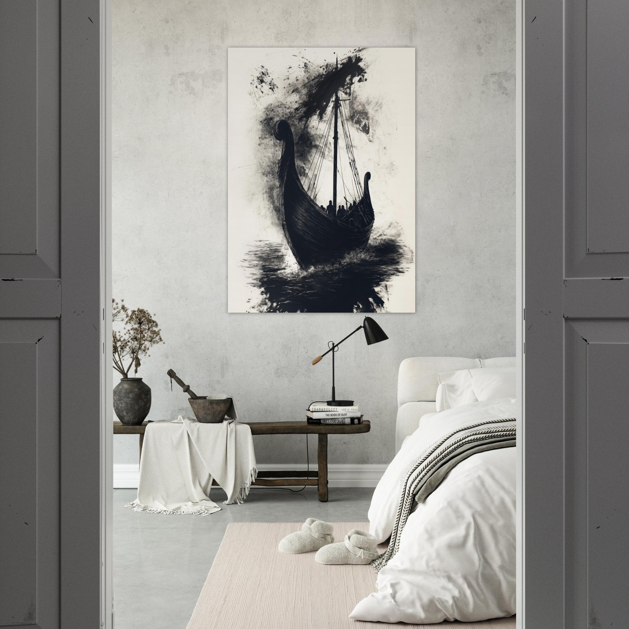 Fine Art Poster Portrait - The Ghostly Viking Longship Dark Nordic Ink Met 5 - Shop Ai Art WebShop - Digital Art online Store