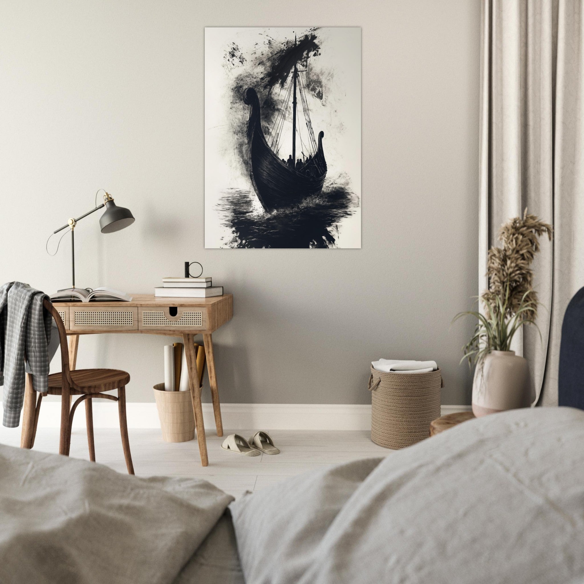 Fine Art Poster Portrait - The Ghostly Viking Longship Dark Nordic Ink Met 5 - Shop Ai Art WebShop - Digital Art online Store