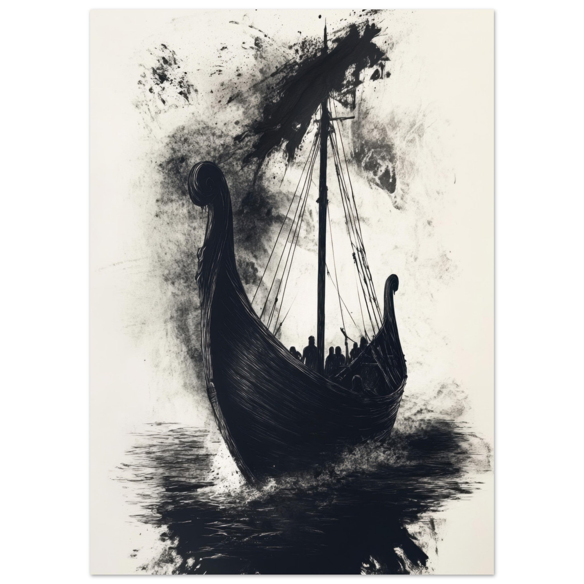 Fine Art Poster Portrait - The Ghostly Viking Longship Dark Nordic Ink Met 5 - Shop Ai Art WebShop - Digital Art online Store