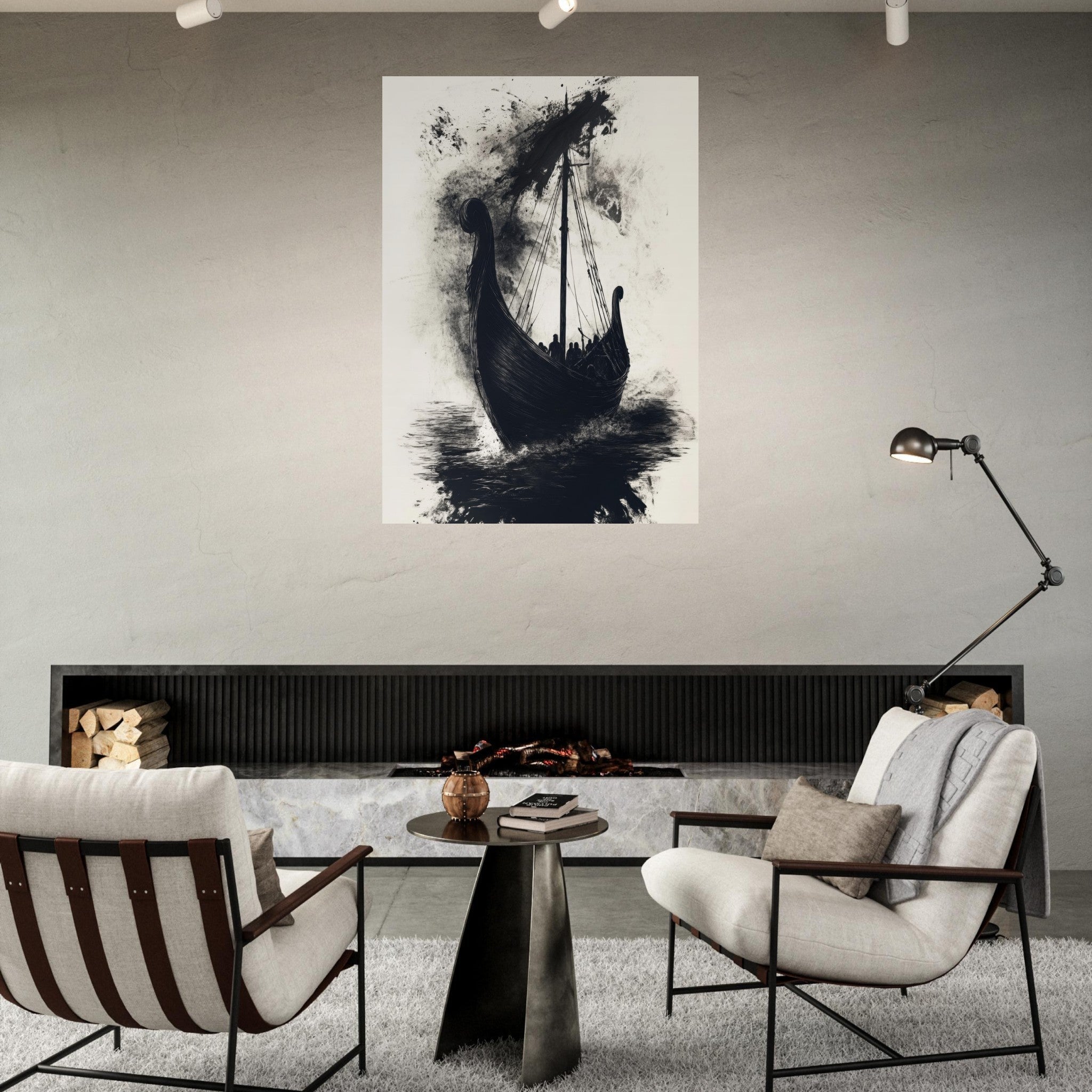 Fine Art Poster Portrait - The Ghostly Viking Longship Dark Nordic Ink Met 5 - Shop Ai Art WebShop - Digital Art online Store