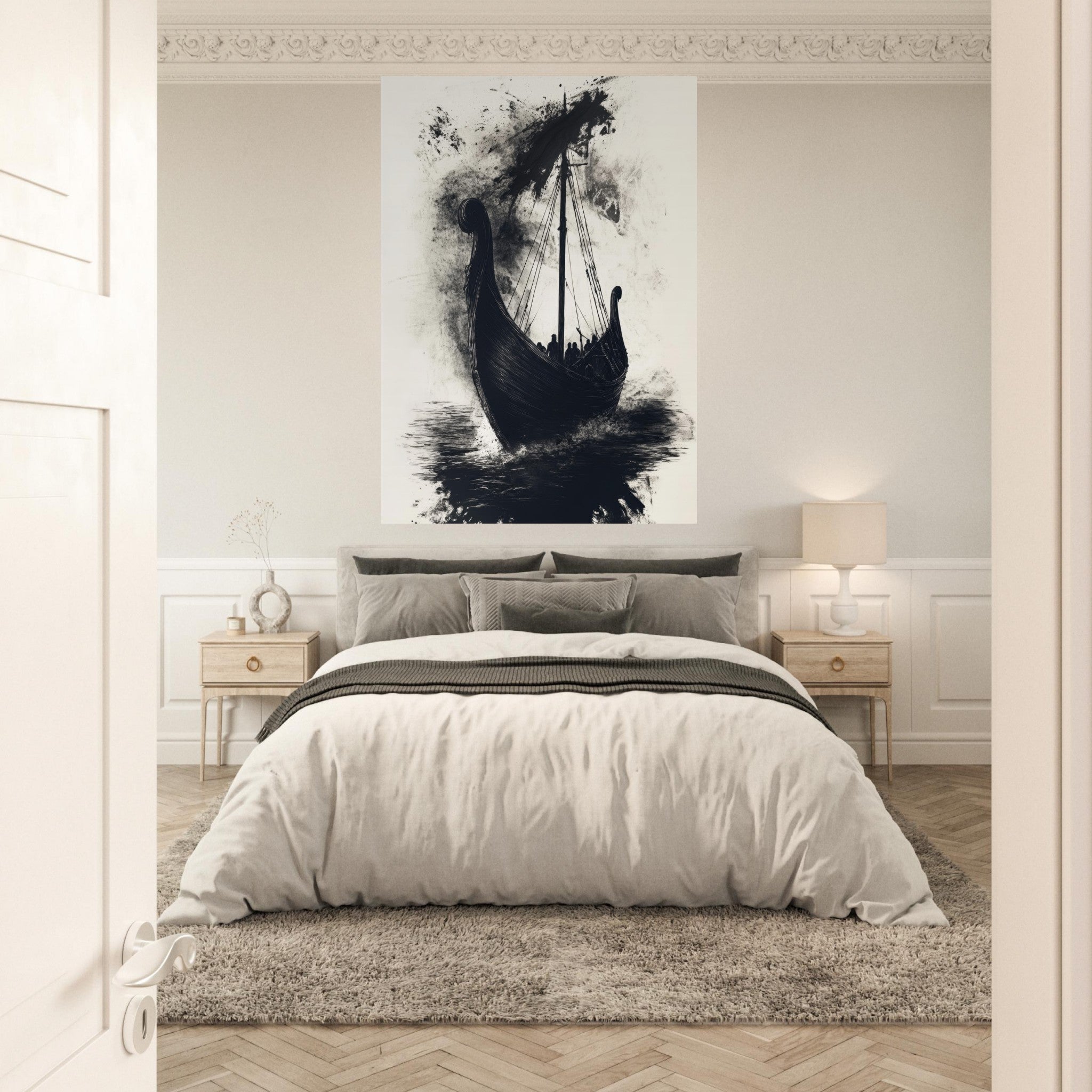 Fine Art Poster Portrait - The Ghostly Viking Longship Dark Nordic Ink Met 5 - Shop Ai Art WebShop - Digital Art online Store