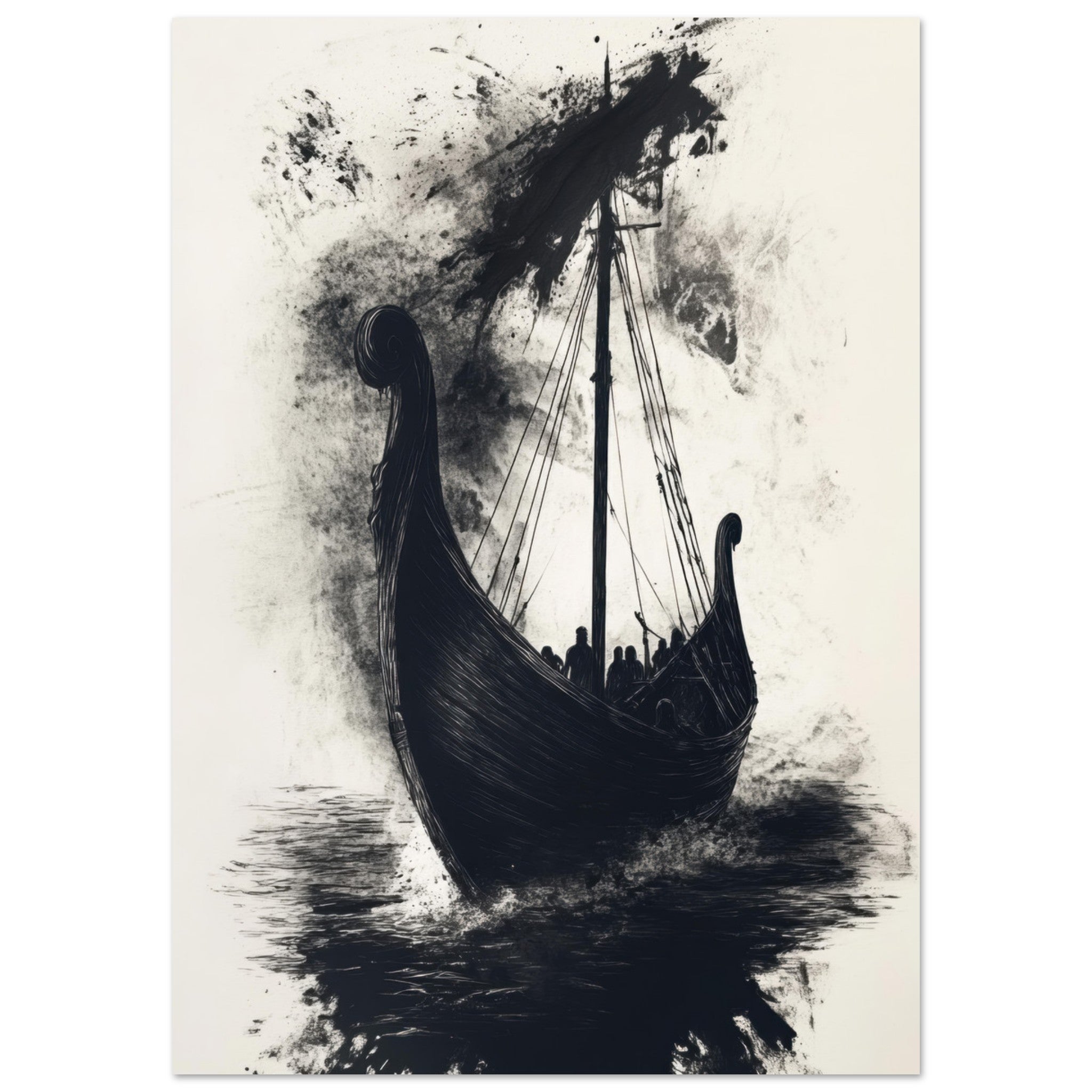 Fine Art Poster Portrait - The Ghostly Viking Longship Dark Nordic Ink Met 5 - Shop Ai Art WebShop - Digital Art online Store