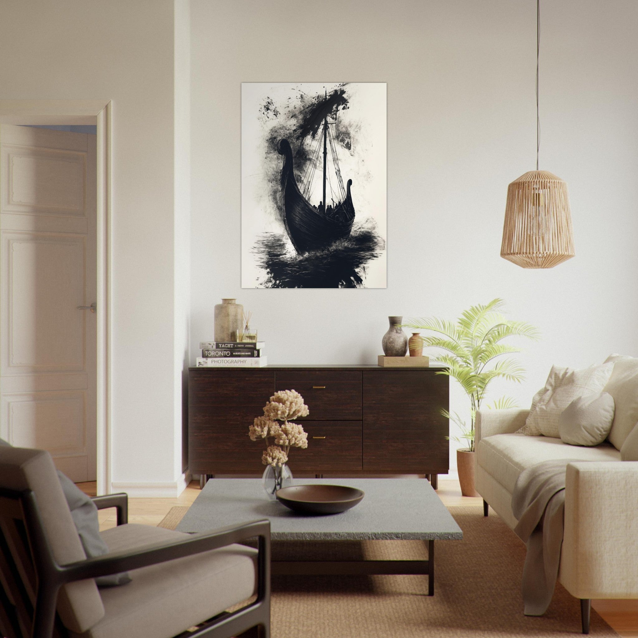 Fine Art Poster Portrait - The Ghostly Viking Longship Dark Nordic Ink Met 5 - Shop Ai Art WebShop - Digital Art online Store