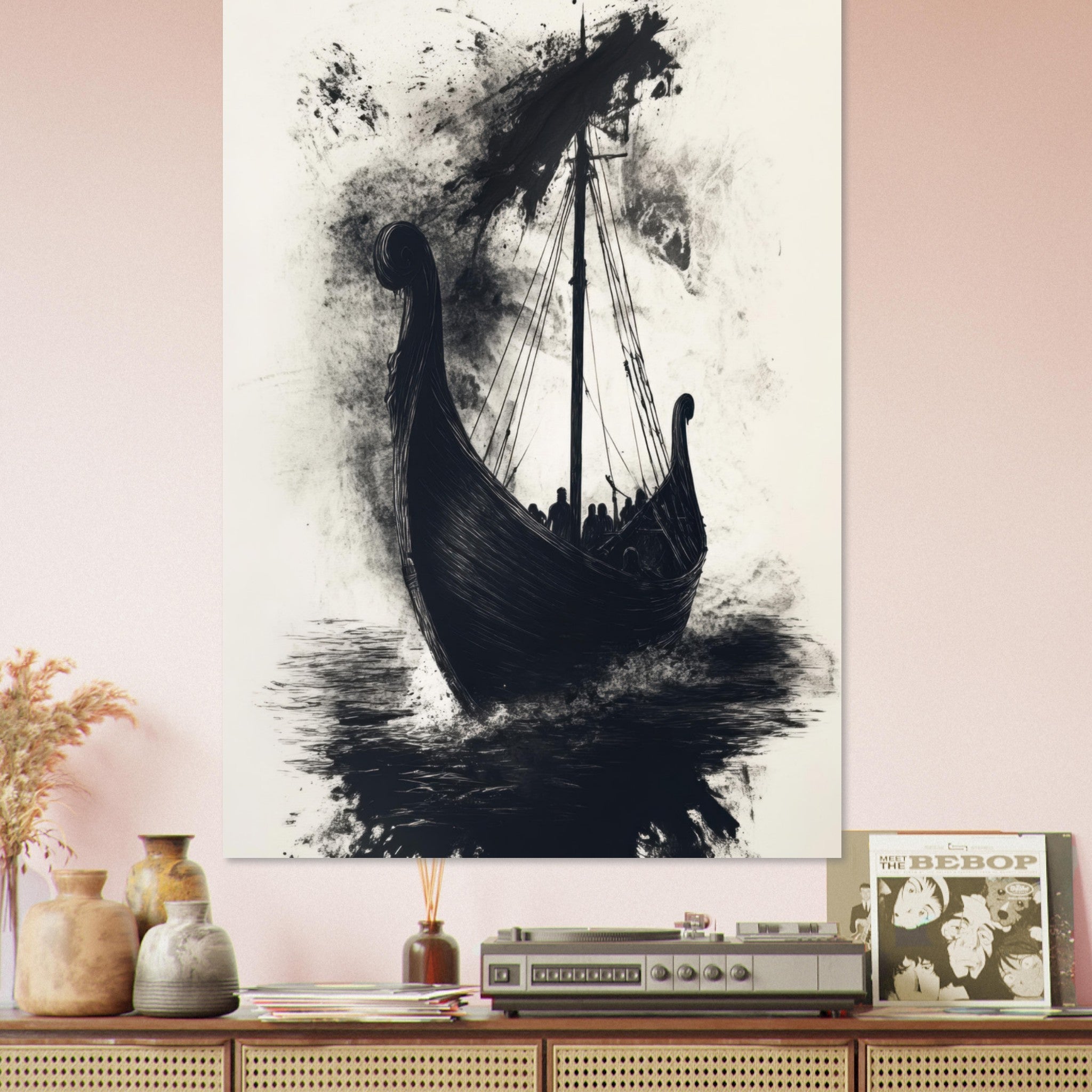 Fine Art Poster Portrait - The Ghostly Viking Longship Dark Nordic Ink Met 5 - Shop Ai Art WebShop - Digital Art online Store