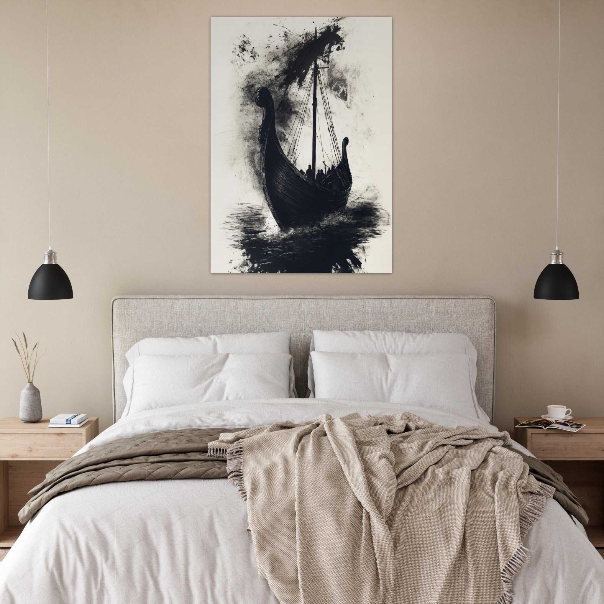 Fine Art Poster Portrait - The Ghostly Viking Longship Dark Nordic Ink Met 5 - Shop Ai Art WebShop - Digital Art online Store