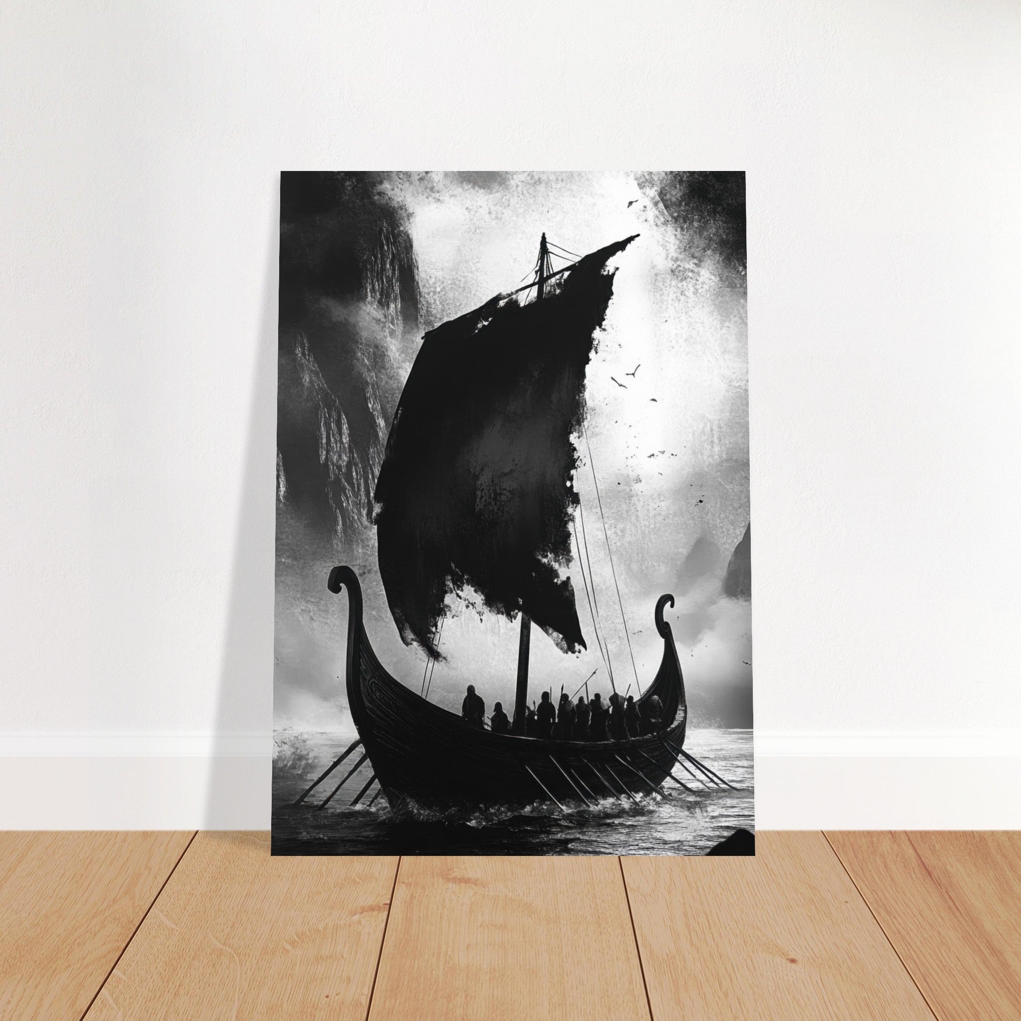 Fine Art Poster Portrait - The Ghostly Viking Longship Dark Nordic Ink Met - Shop Ai Art WebShop - Digital Art online Store