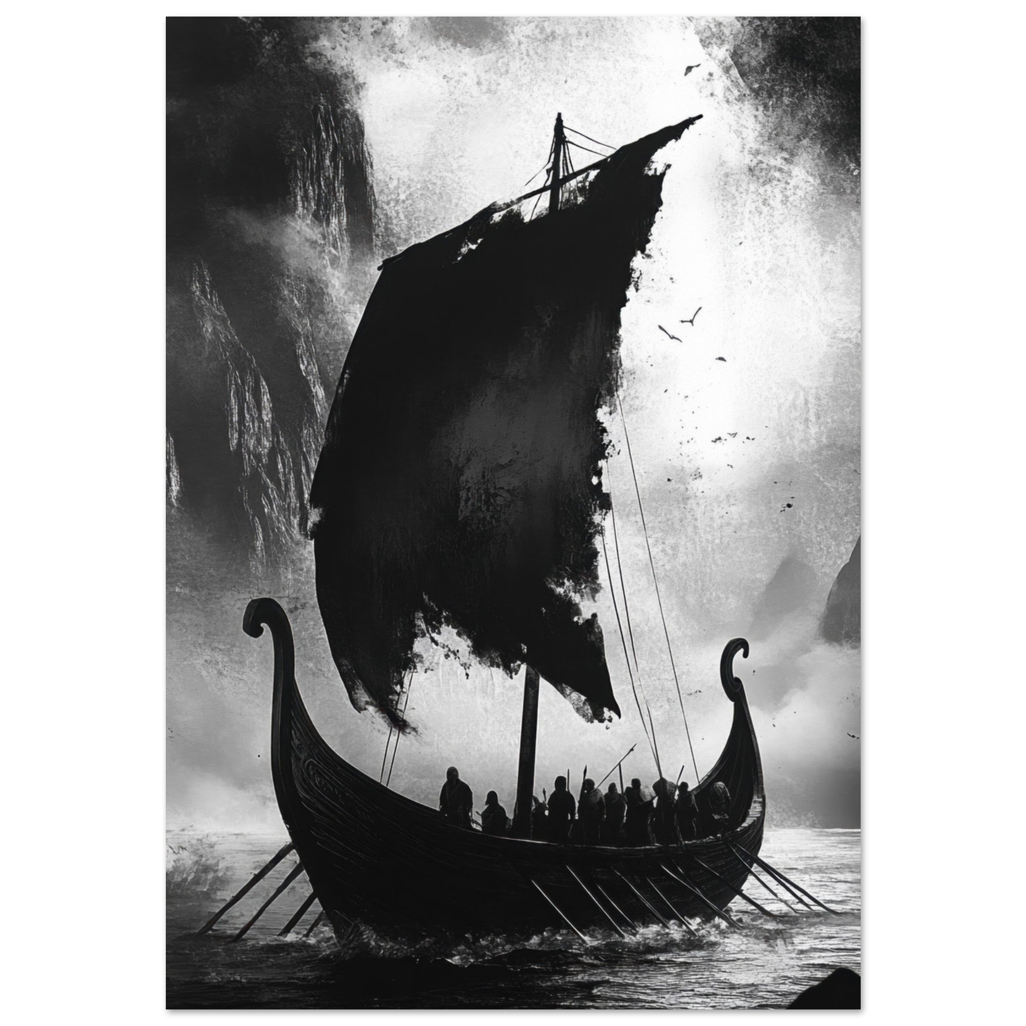 Fine Art Poster Portrait - The Ghostly Viking Longship Dark Nordic Ink Met - Shop Ai Art WebShop - Digital Art online Store