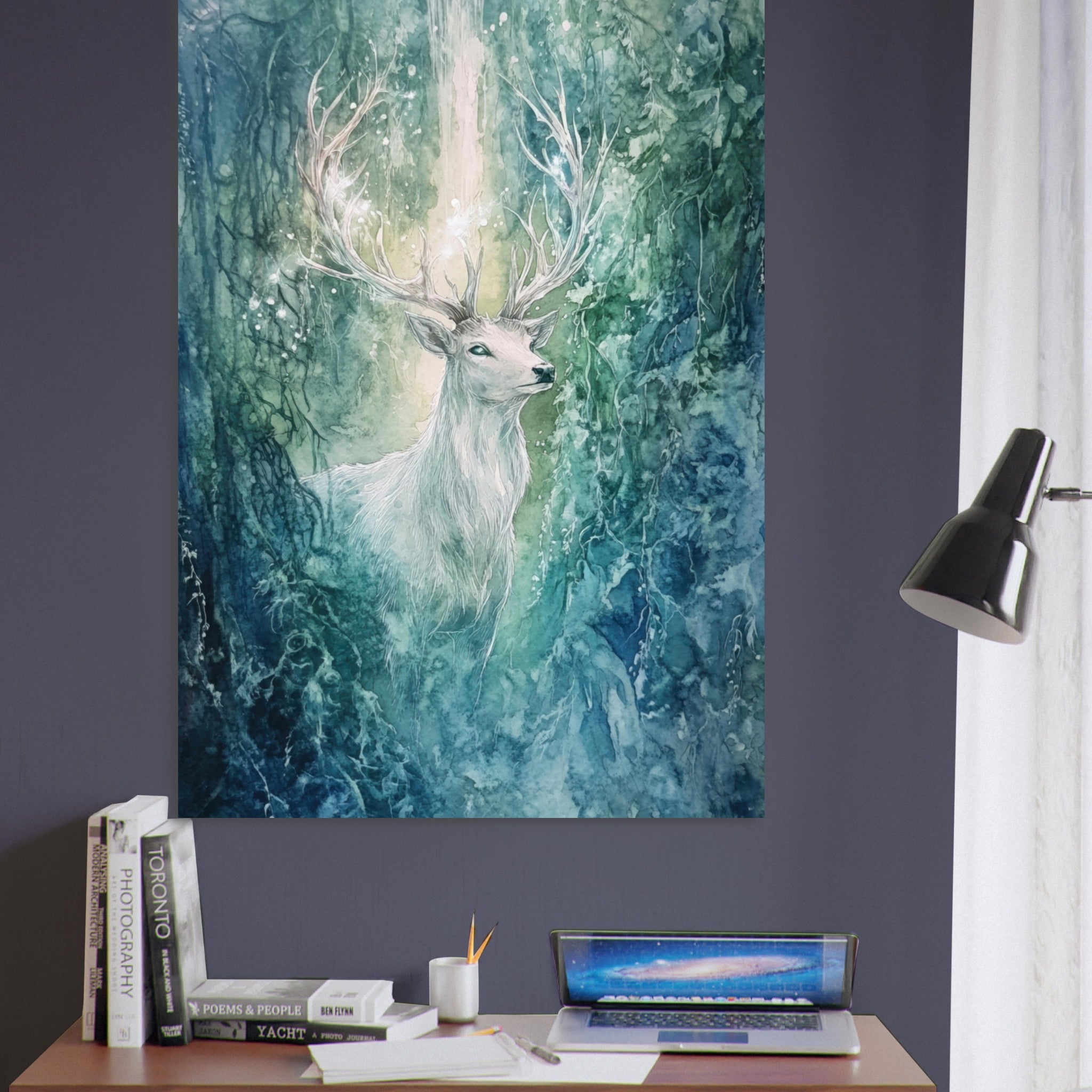 Fine Art Poster Portrait - The Silver Stag of the Enchanted Glade Fantasy 2 - Shop Ai Art WebShop - Digital Art online Store