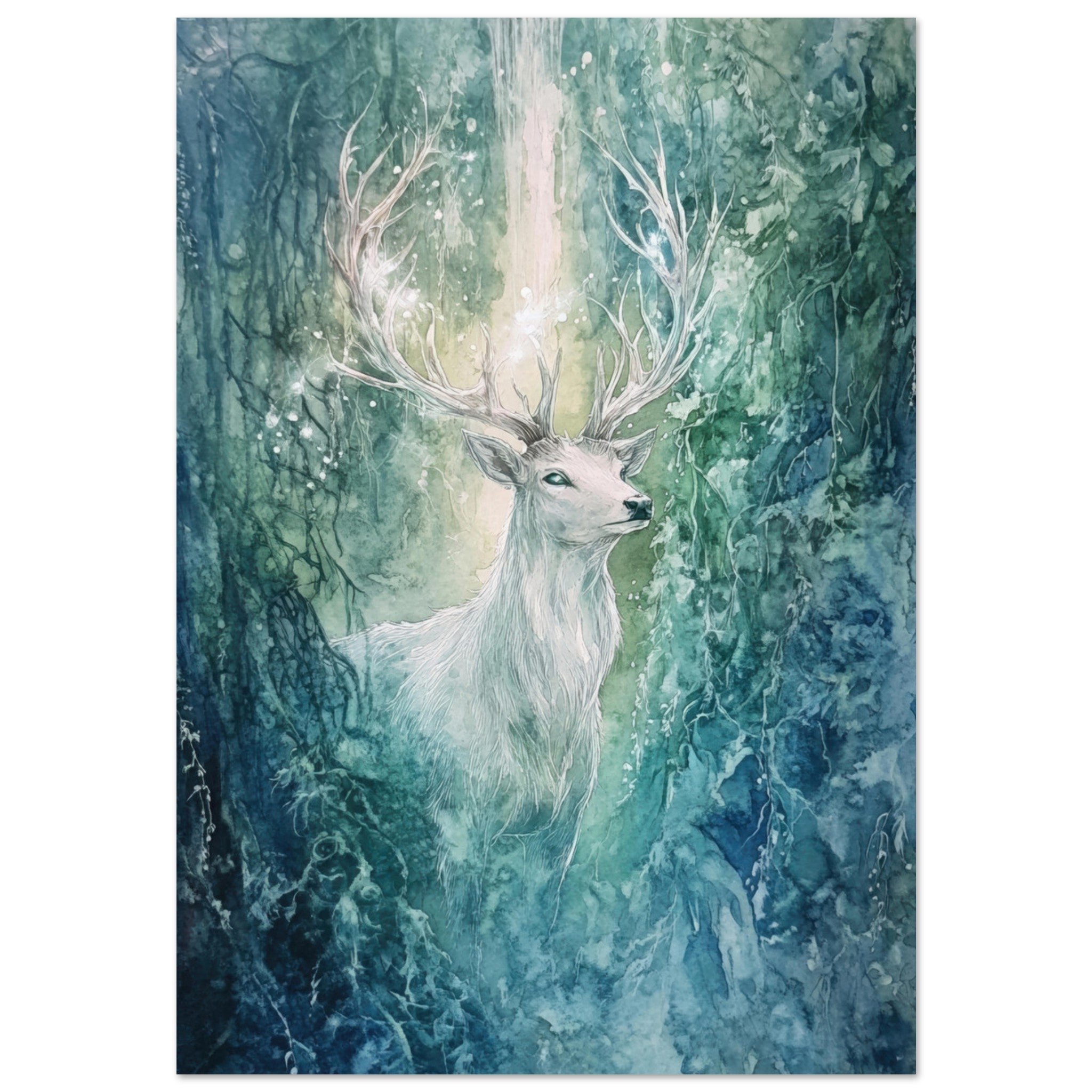 Fine Art Poster Portrait - The Silver Stag of the Enchanted Glade Fantasy 2 - Shop Ai Art WebShop - Digital Art online Store