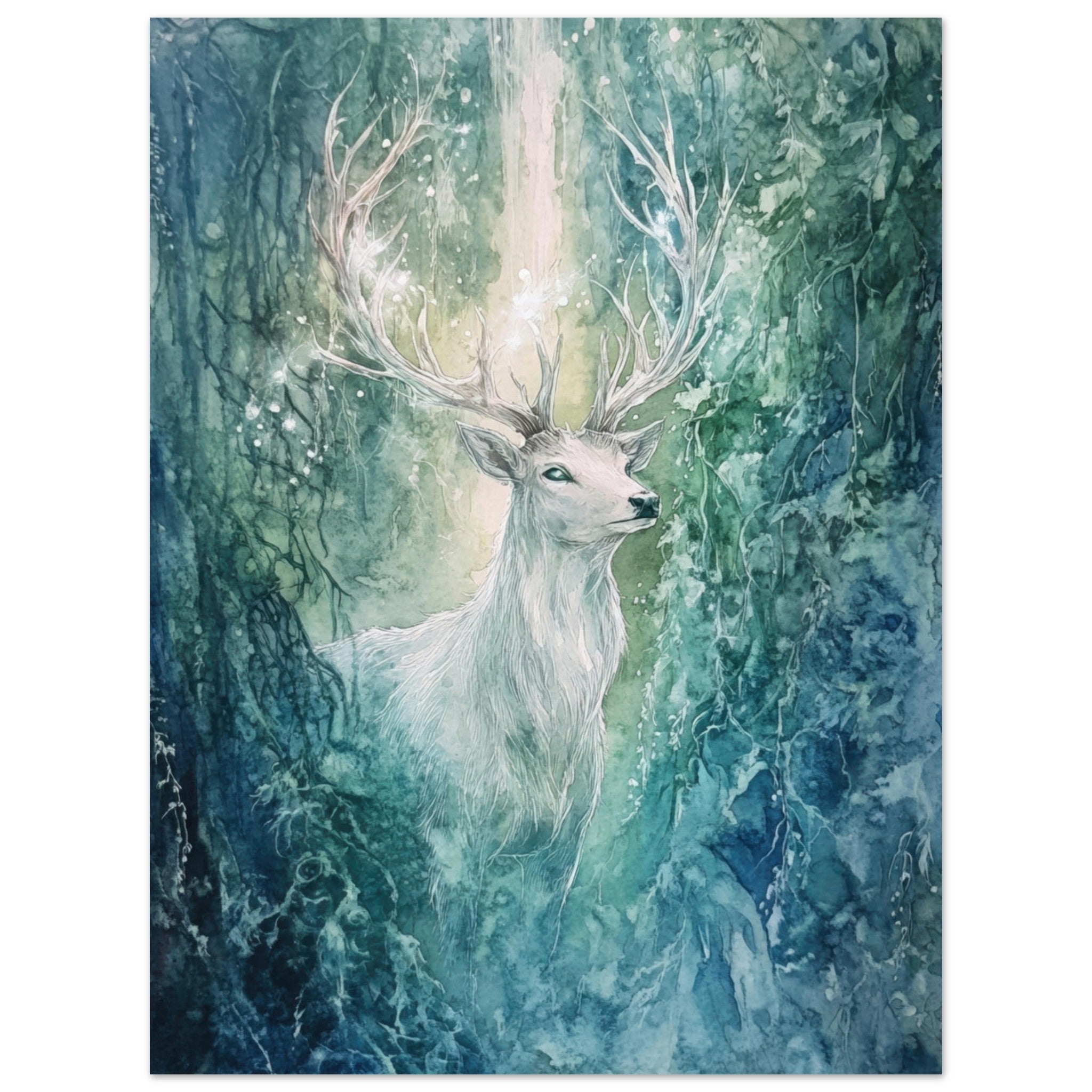 Fine Art Poster Portrait - The Silver Stag of the Enchanted Glade Fantasy 2 - Shop Ai Art WebShop - Digital Art online Store