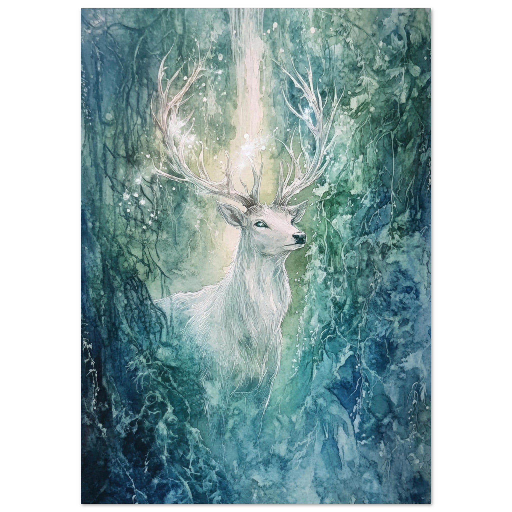 Fine Art Poster Portrait - The Silver Stag of the Enchanted Glade Fantasy 2 - Shop Ai Art WebShop - Digital Art online Store