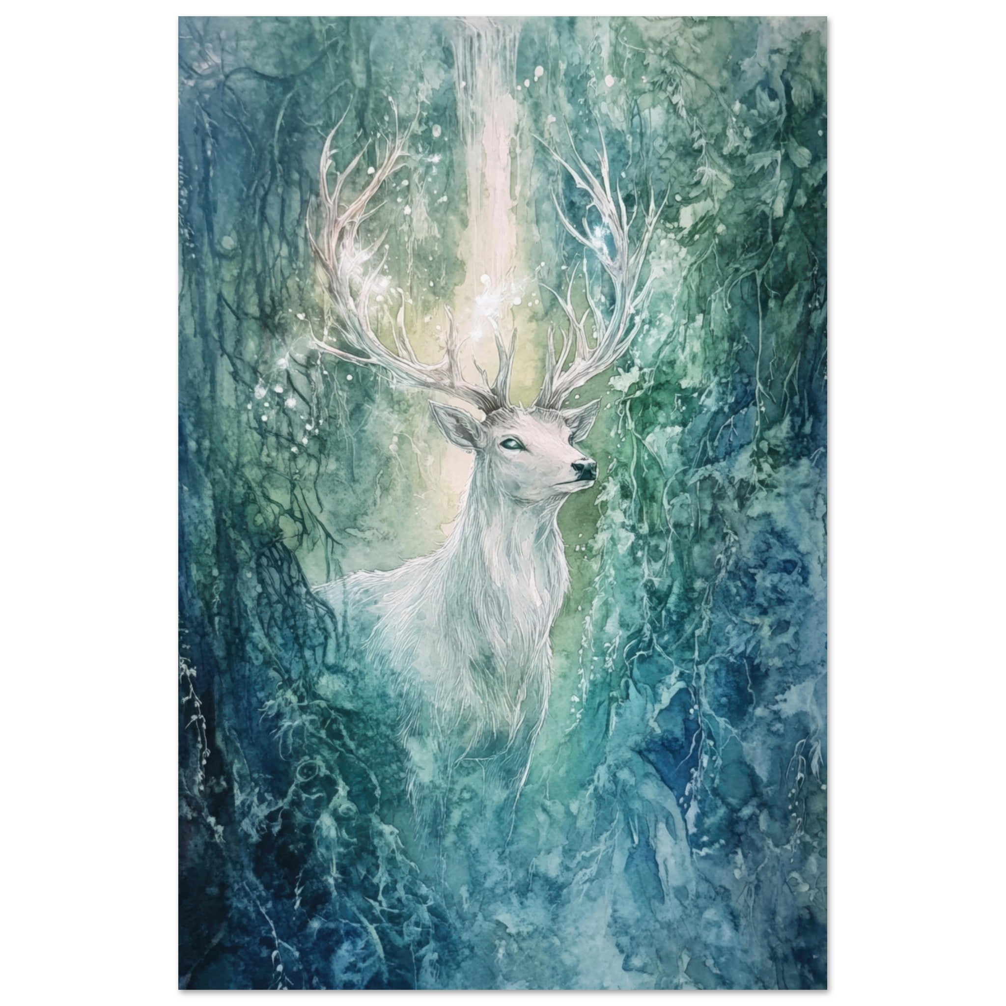 Fine Art Poster Portrait - The Silver Stag of the Enchanted Glade Fantasy 2 - Shop Ai Art WebShop - Digital Art online Store
