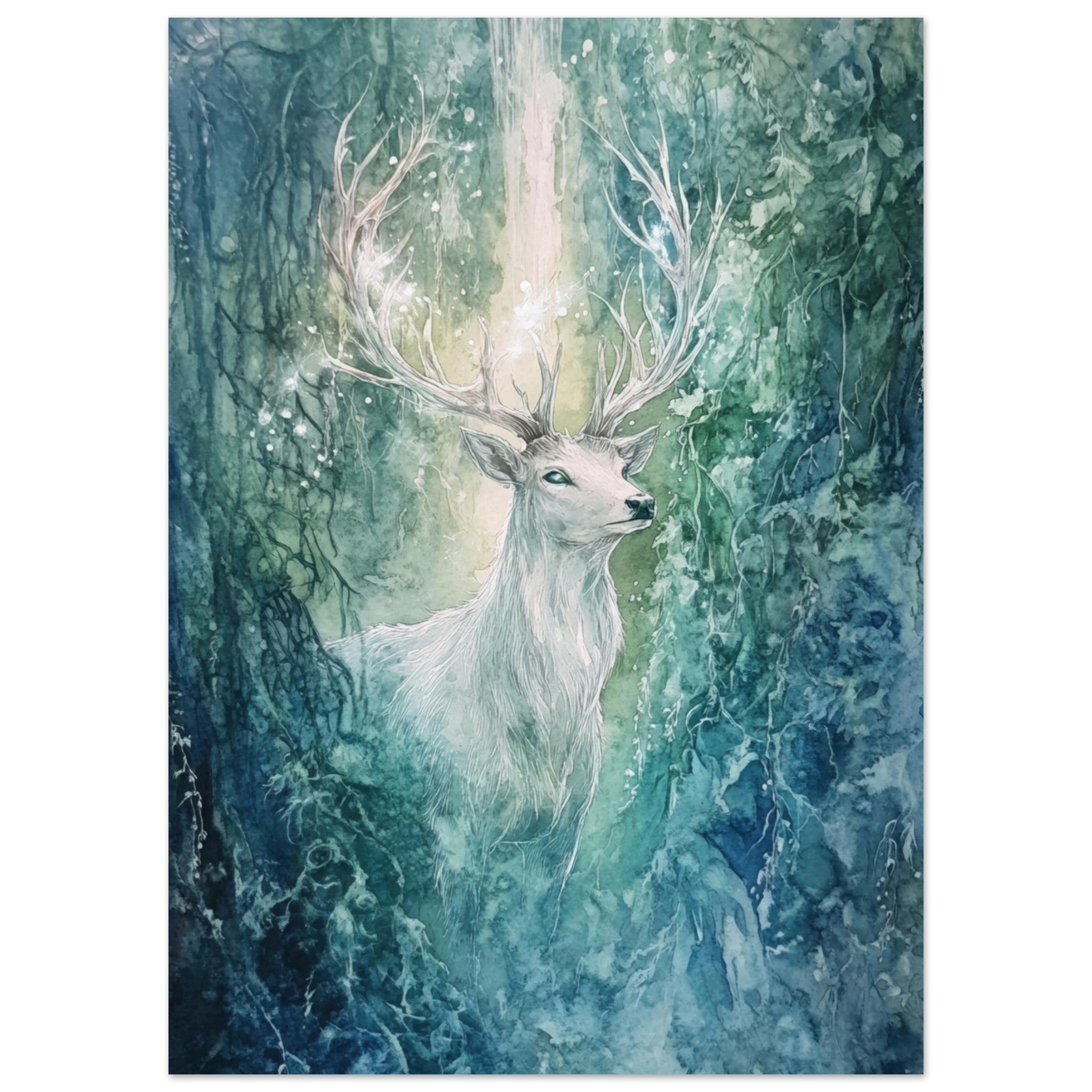 Fine Art Poster Portrait - The Silver Stag of the Enchanted Glade Fantasy 2 - Shop Ai Art WebShop - Digital Art online Store