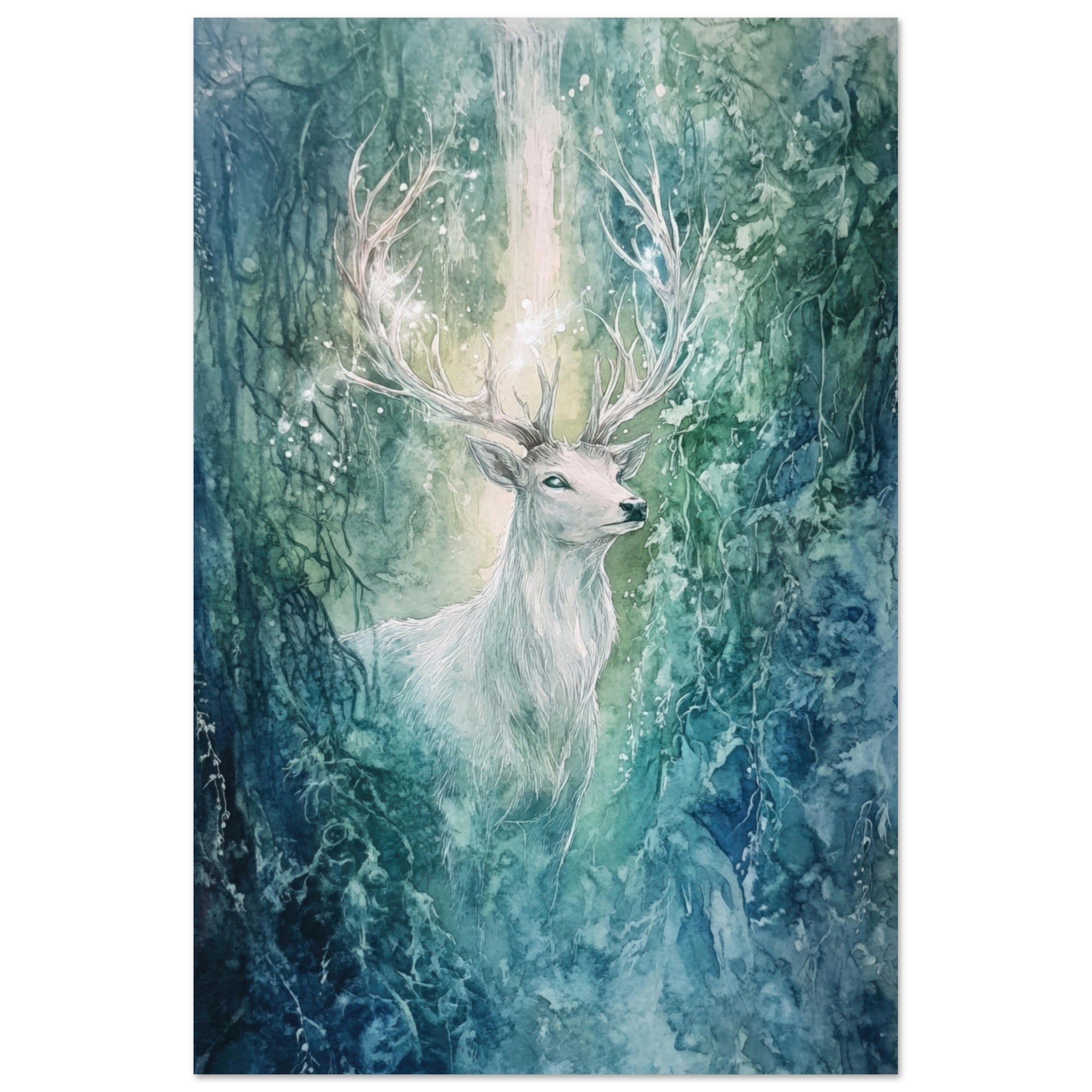 Fine Art Poster Portrait - The Silver Stag of the Enchanted Glade Fantasy 2 - Shop Ai Art WebShop - Digital Art online Store