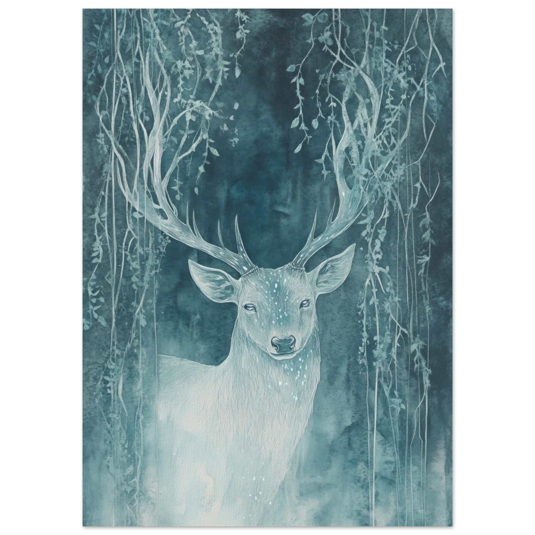 Fine Art Poster Portrait - The Silver Stag of the Enchanted Glade Fantasy 3 - Shop Ai Art WebShop - Digital Art online Store
