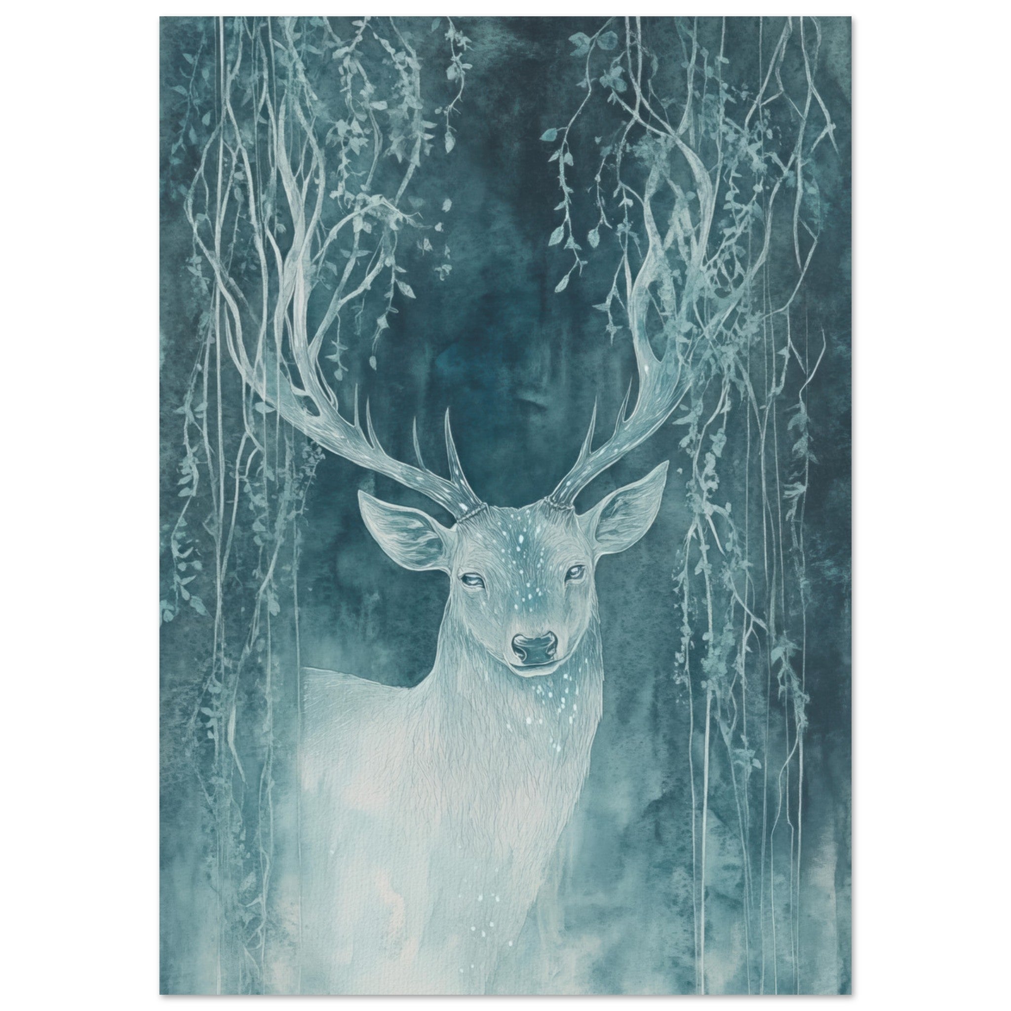 Fine Art Poster Portrait - The Silver Stag of the Enchanted Glade Fantasy 3 - Shop Ai Art WebShop - Digital Art online Store
