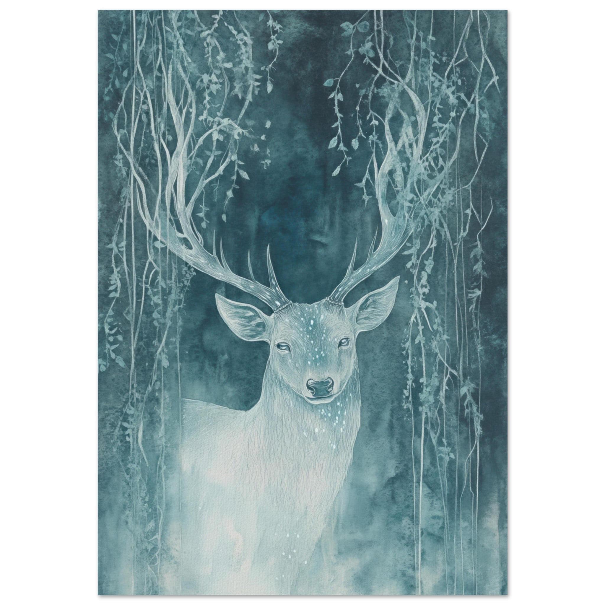 Fine Art Poster Portrait - The Silver Stag of the Enchanted Glade Fantasy 3 - Shop Ai Art WebShop - Digital Art online Store