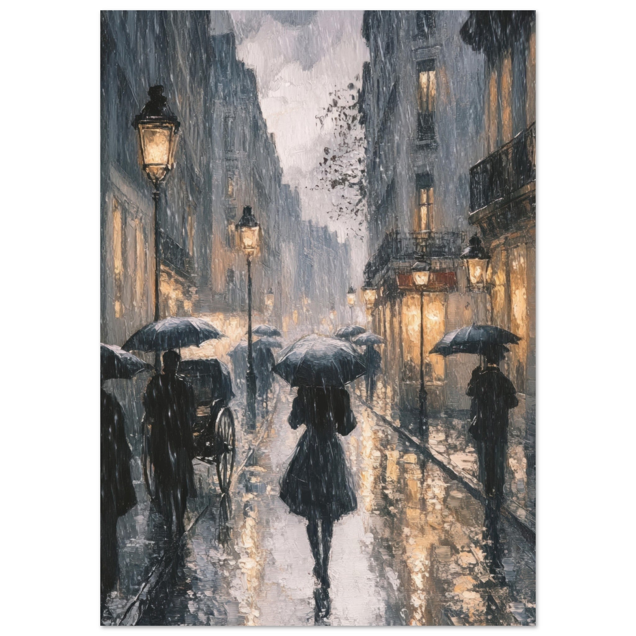 Fine Art Poster Portrait - Urban Rain Scene A rainy Parisian street in the 3 - Shop Ai Art WebShop - Digital Art online Store