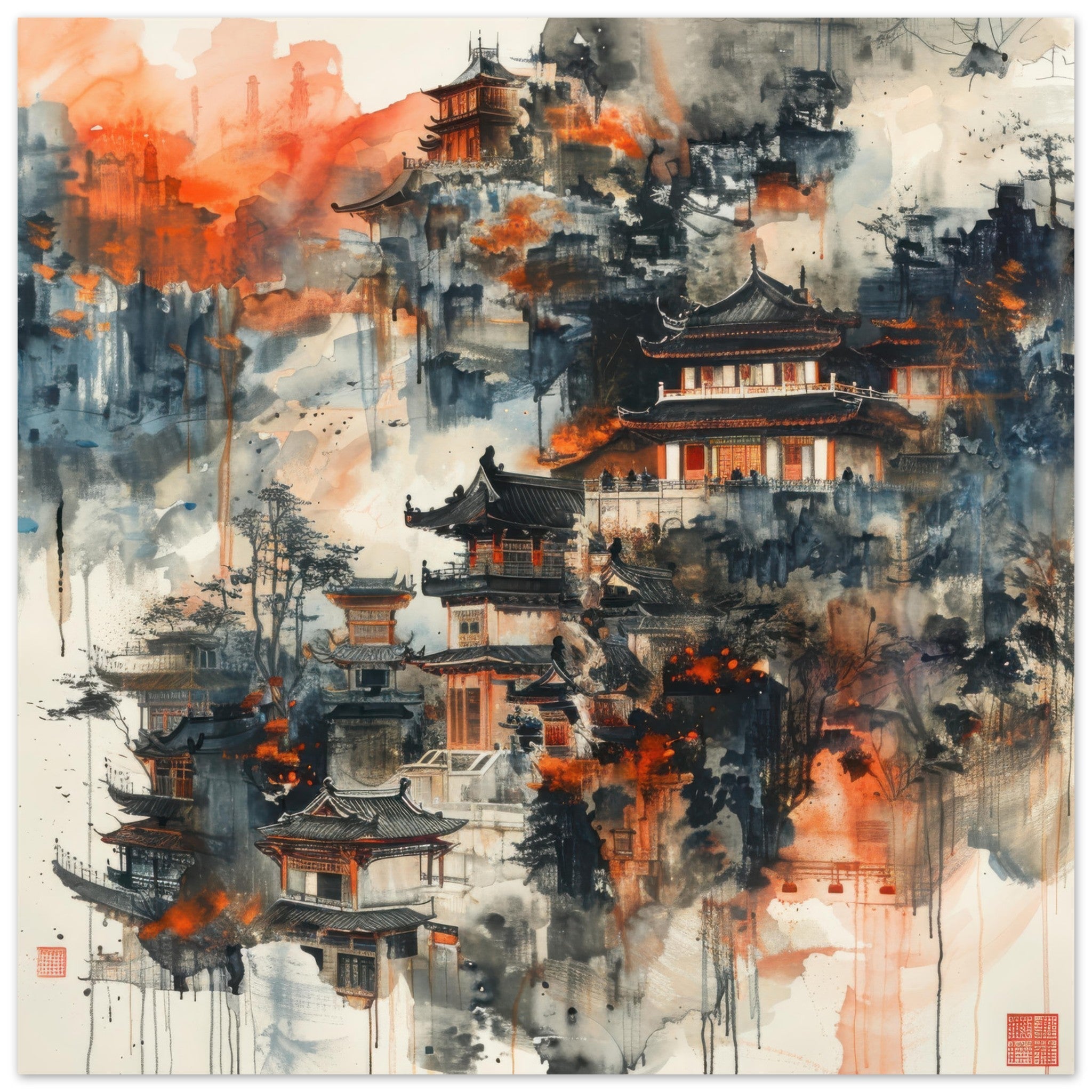 Fine Art Poster Square - Old culture of China in abstract style 3 - Shop Ai Art WebShop - Digital Art online Store