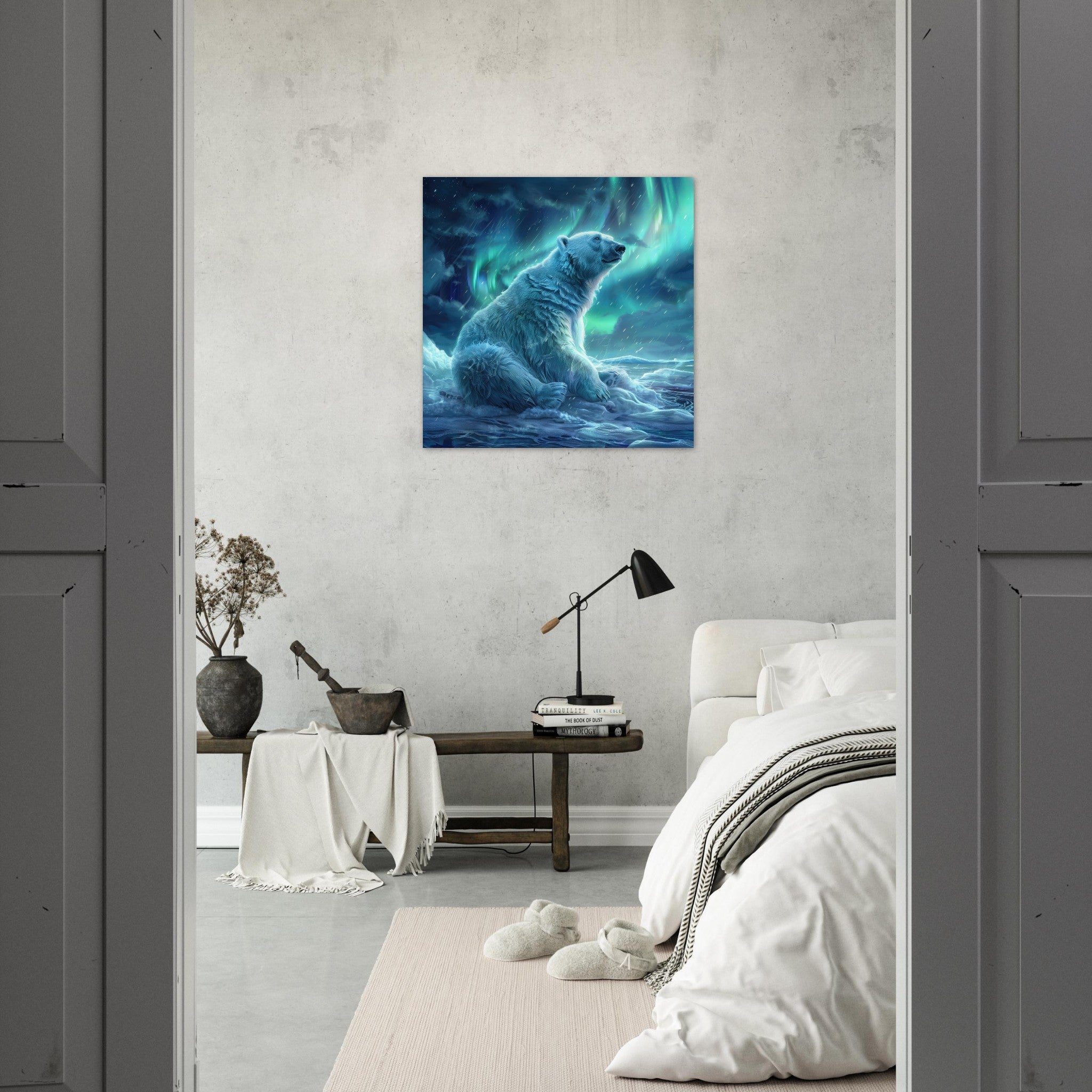 Fine Art Poster Square - Polar Bear in the cold Night Enjoying the Northern Lights - Shop Ai Art WebShop - Digital Art online Store