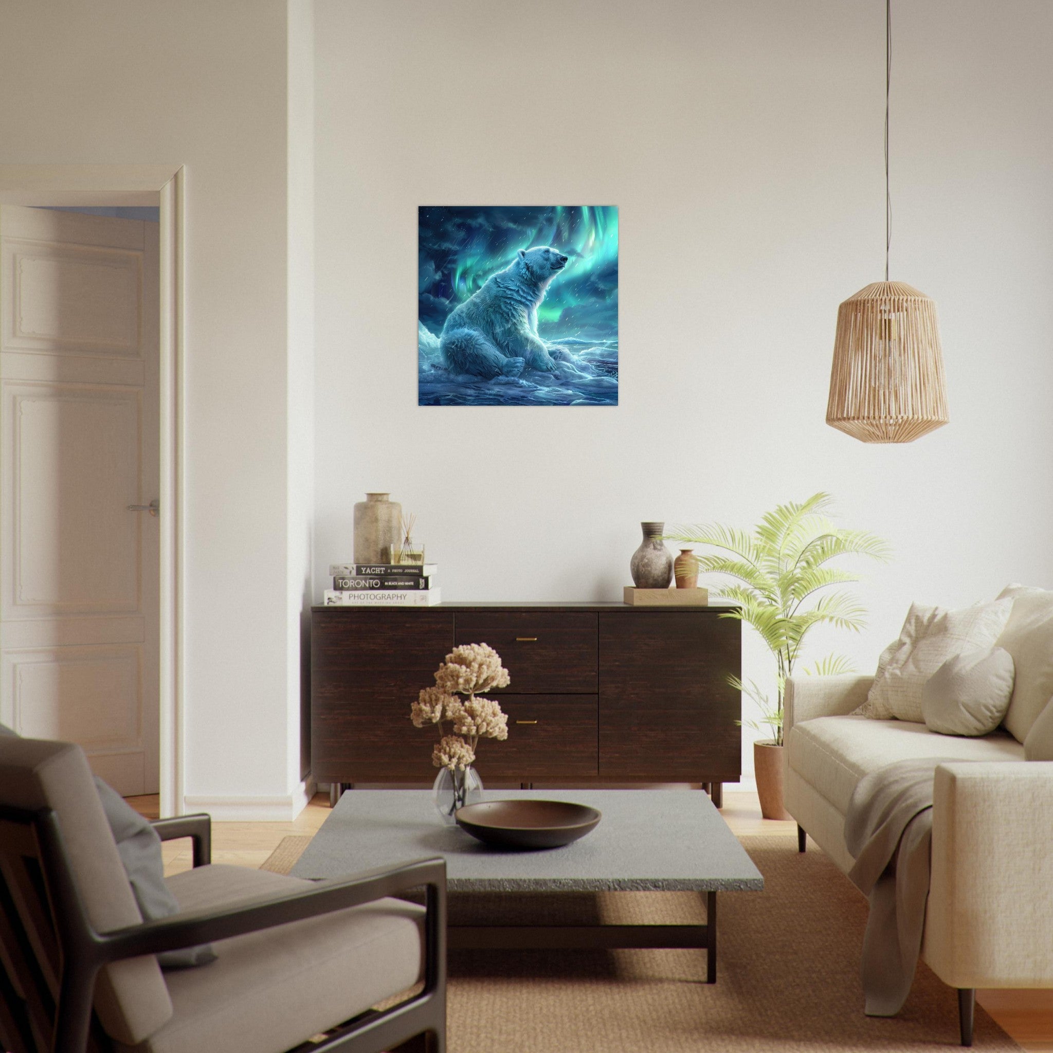 Fine Art Poster Square - Polar Bear in the cold Night Enjoying the Northern Lights - Shop Ai Art WebShop - Digital Art online Store
