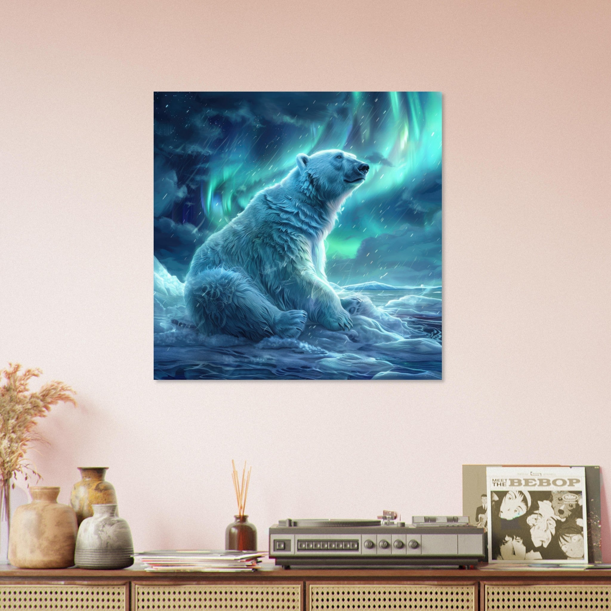 Fine Art Poster Square - Polar Bear in the cold Night Enjoying the Northern Lights - Shop Ai Art WebShop - Digital Art online Store