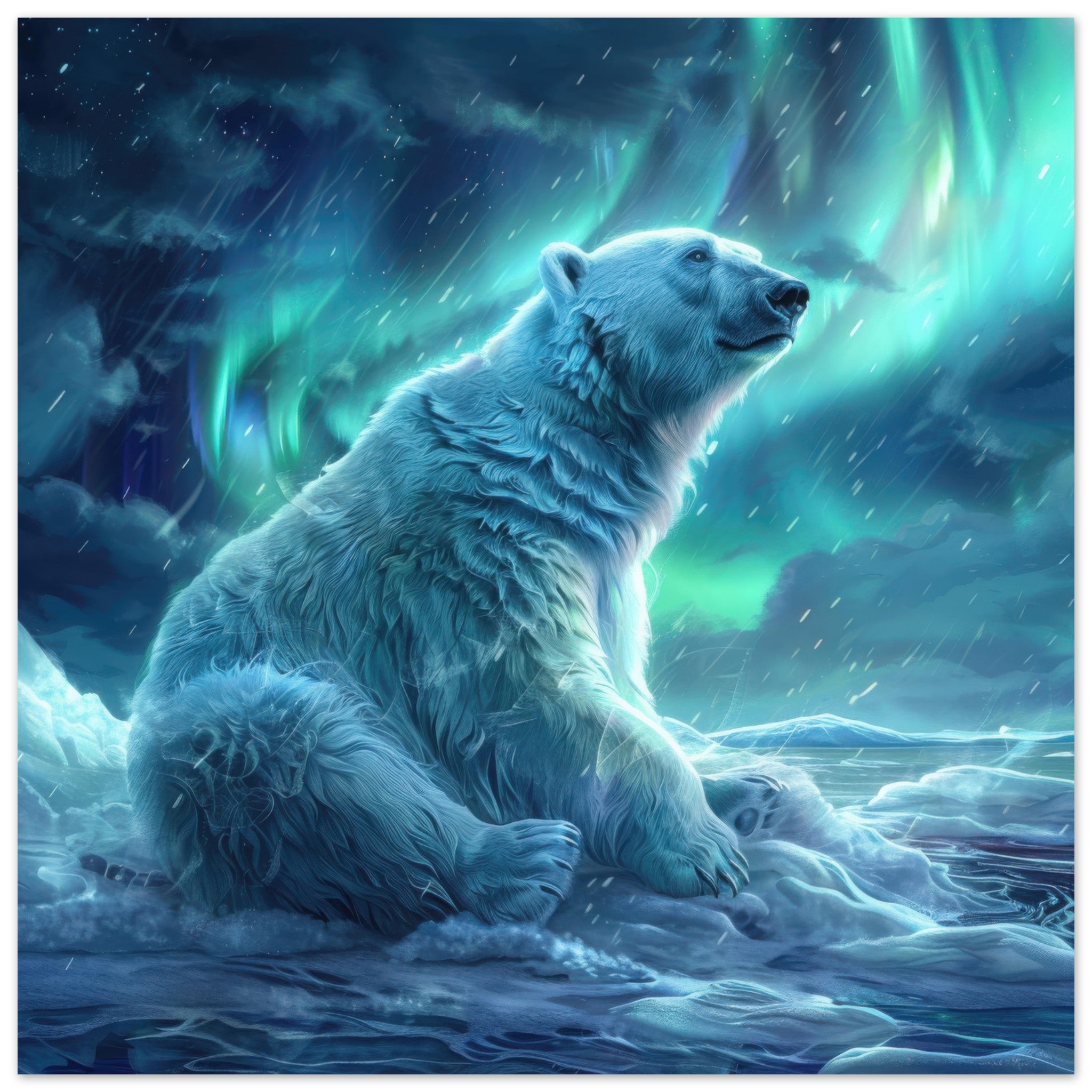 Fine Art Poster Square - Polar Bear in the cold Night Enjoying the Northern Lights - Shop Ai Art WebShop - Digital Art online Store