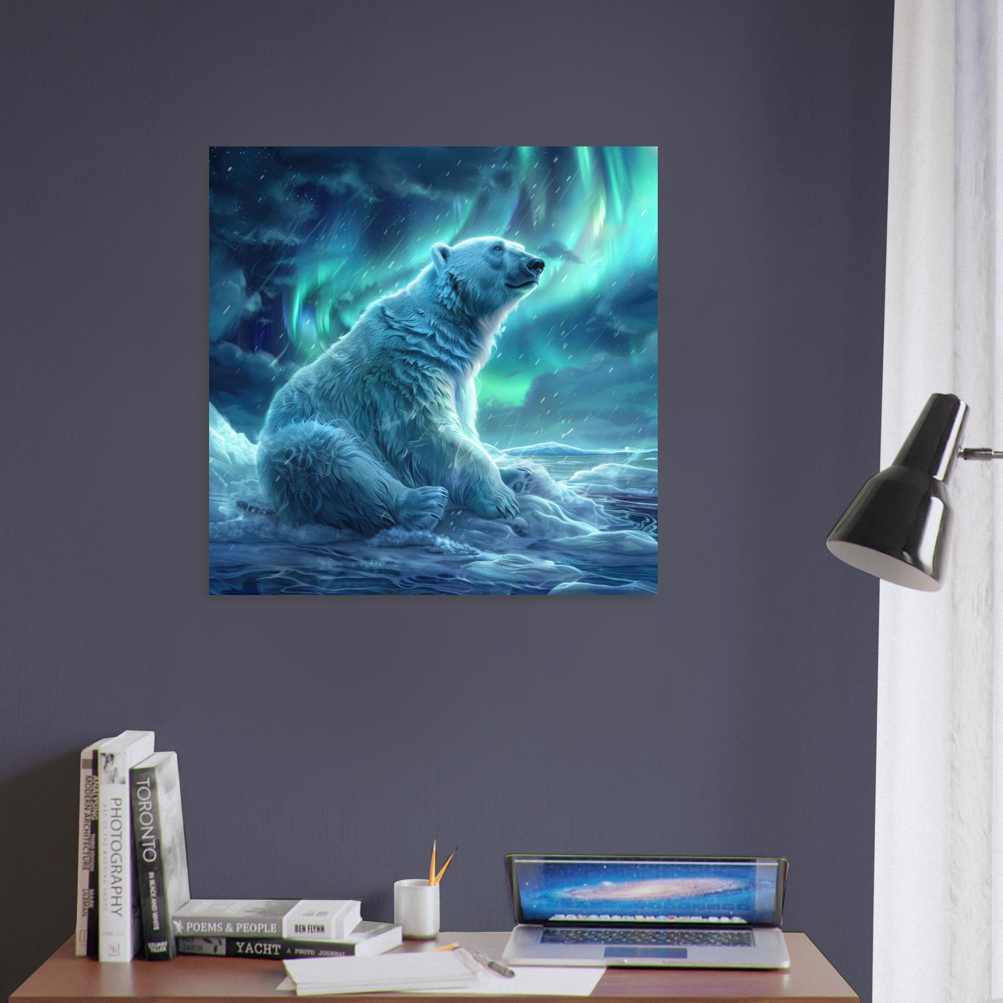 Fine Art Poster Square - Polar Bear in the cold Night Enjoying the Northern Lights - Shop Ai Art WebShop - Digital Art online Store