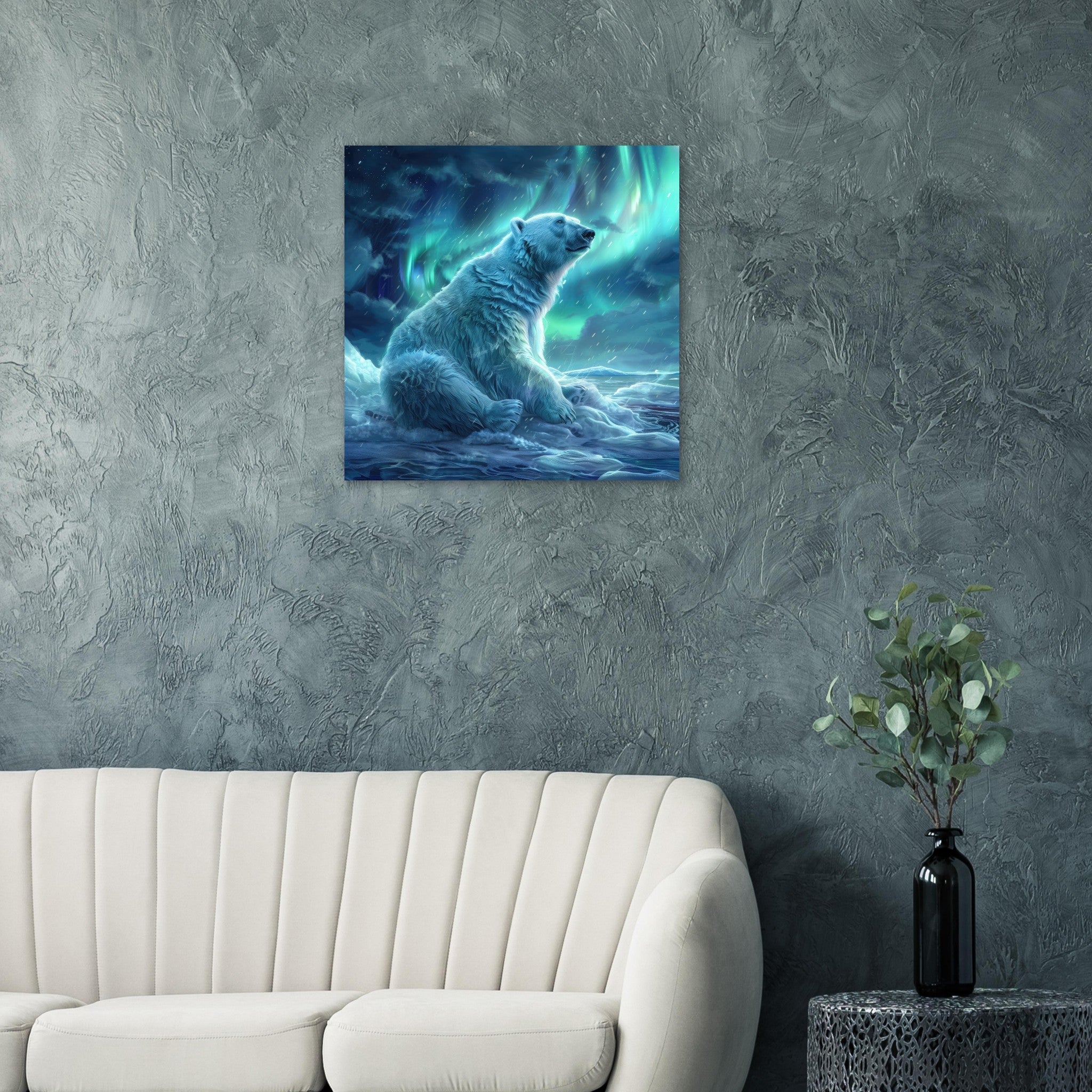 Fine Art Poster Square - Polar Bear in the cold Night Enjoying the Northern Lights - Shop Ai Art WebShop - Digital Art online Store