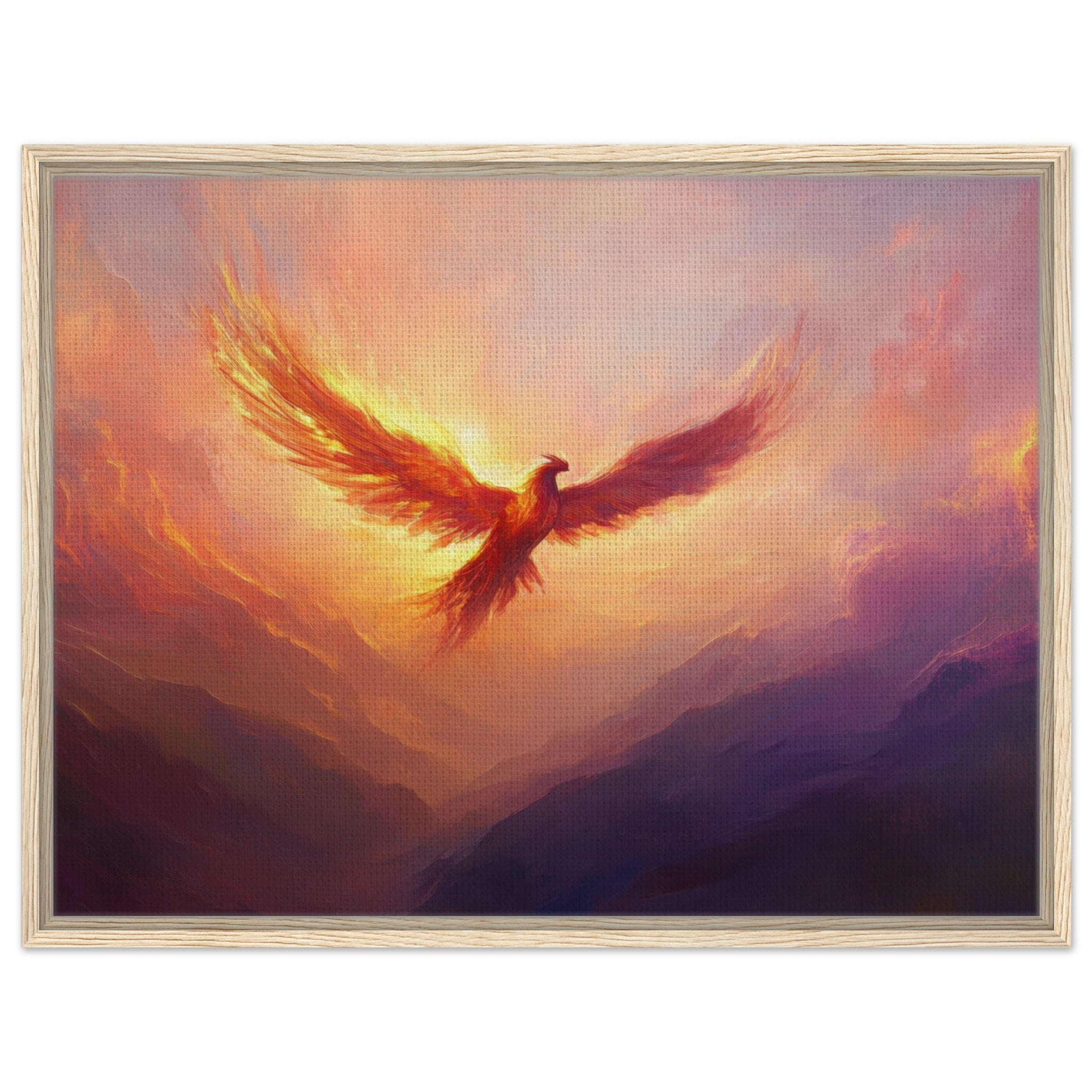 Framed Canvas Landscape - A celestial phoenix soars above a misty valley - Shop Ai Art WebShop - Digital Art online Store