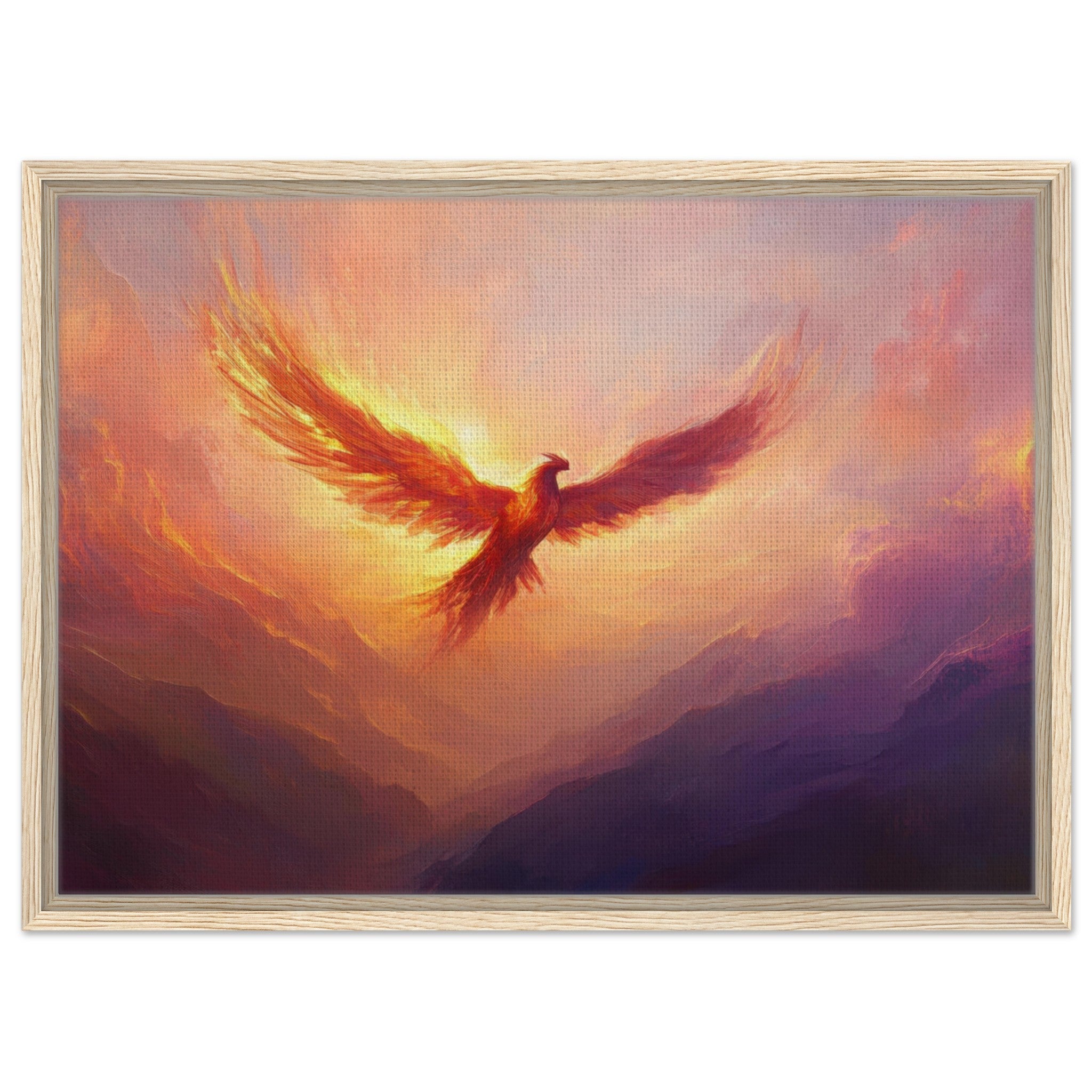Framed Canvas Landscape - A celestial phoenix soars above a misty valley - Shop Ai Art WebShop - Digital Art online Store