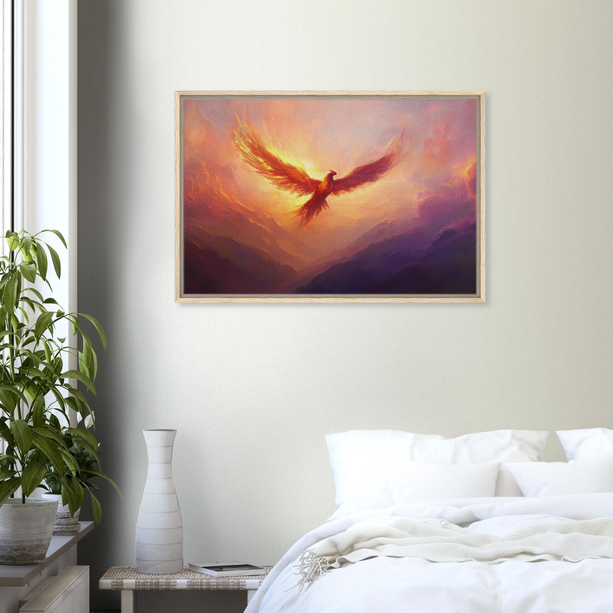 Framed Canvas Landscape - A celestial phoenix soars above a misty valley - Shop Ai Art WebShop - Digital Art online Store