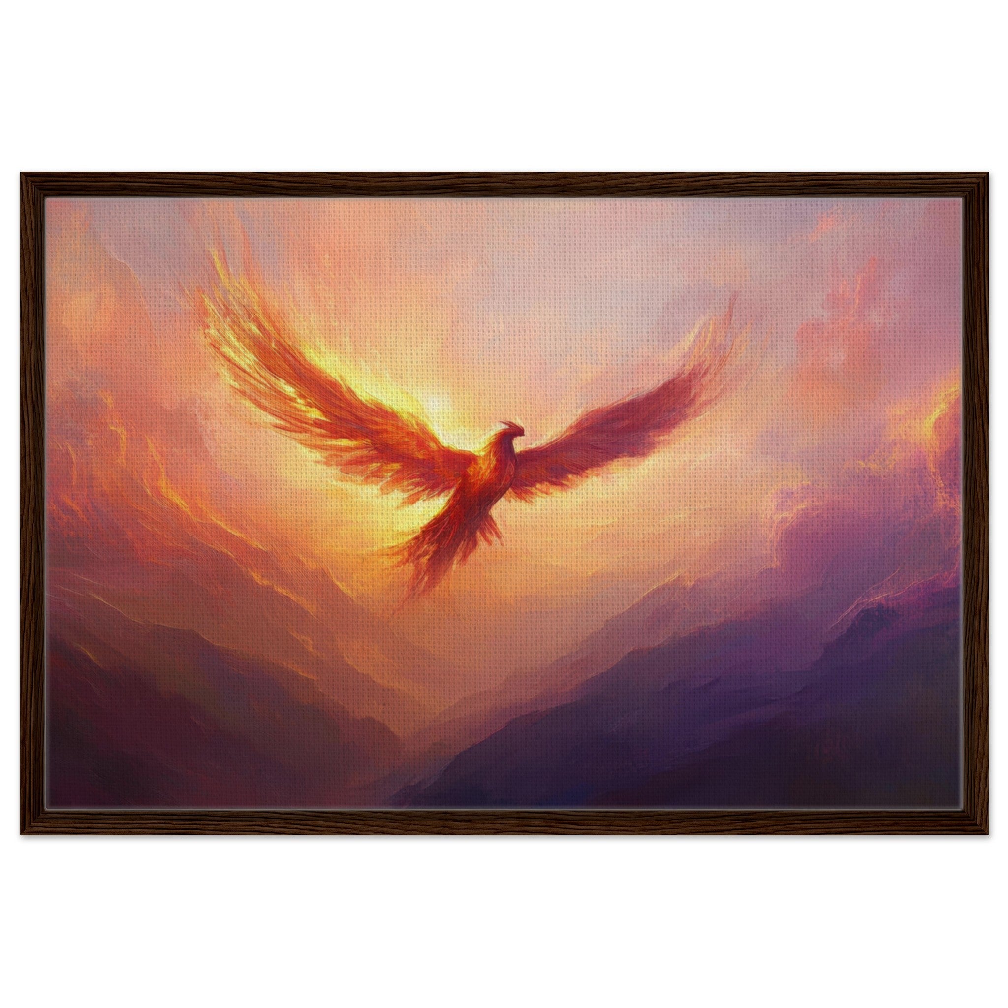 Framed Canvas Landscape - A celestial phoenix soars above a misty valley - Shop Ai Art WebShop - Digital Art online Store