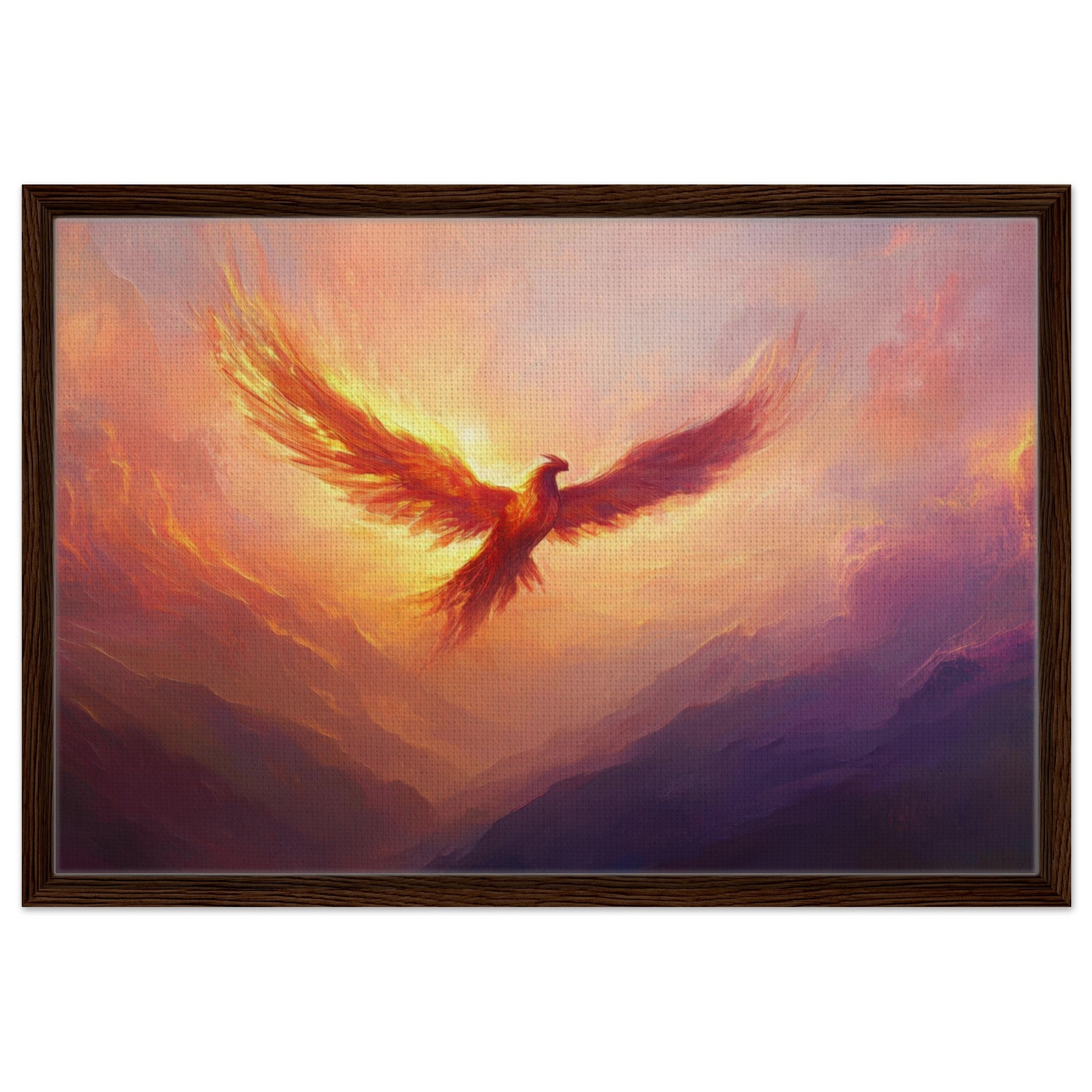 Framed Canvas Landscape - A celestial phoenix soars above a misty valley - Shop Ai Art WebShop - Digital Art online Store