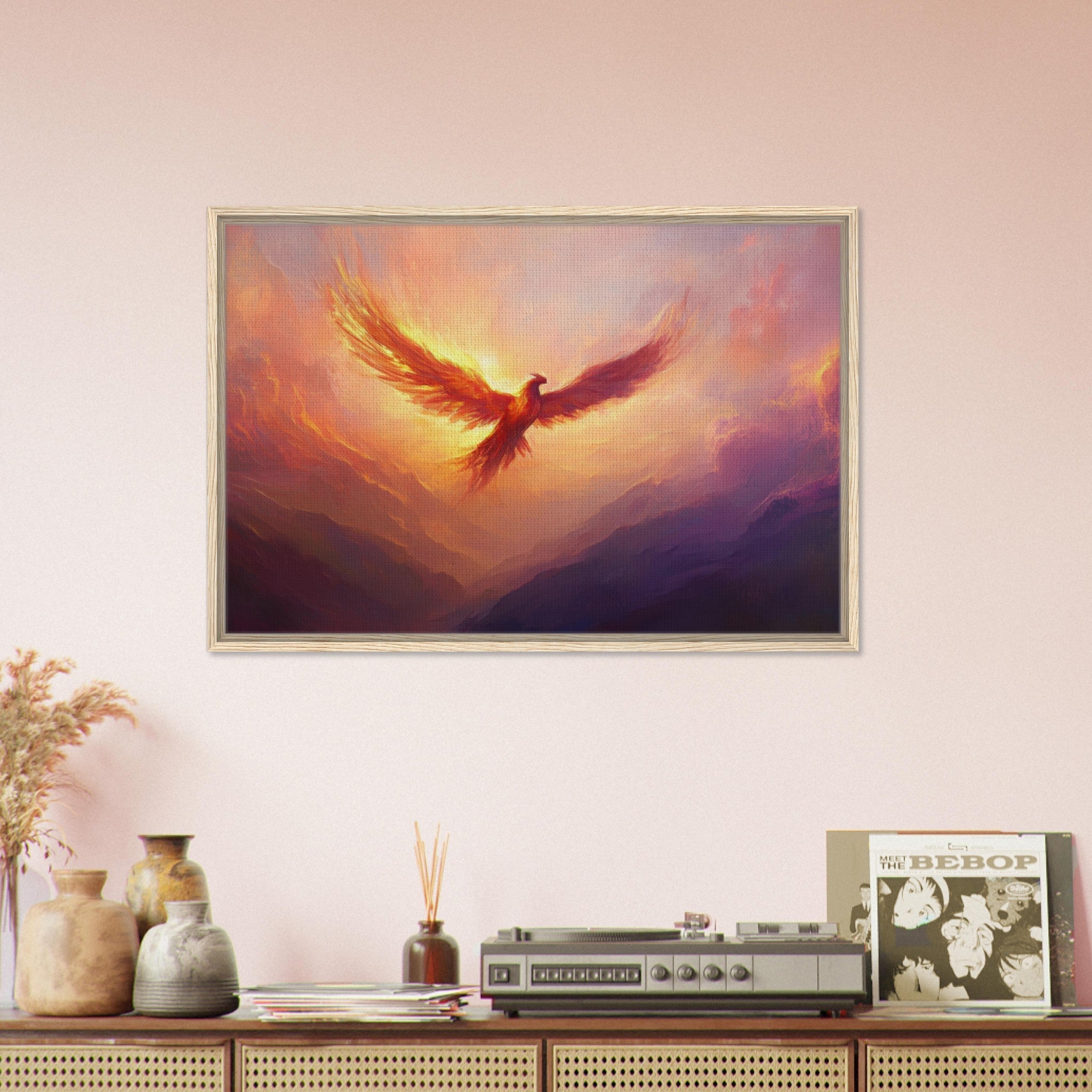 Framed Canvas Landscape - A celestial phoenix soars above a misty valley - Shop Ai Art WebShop - Digital Art online Store