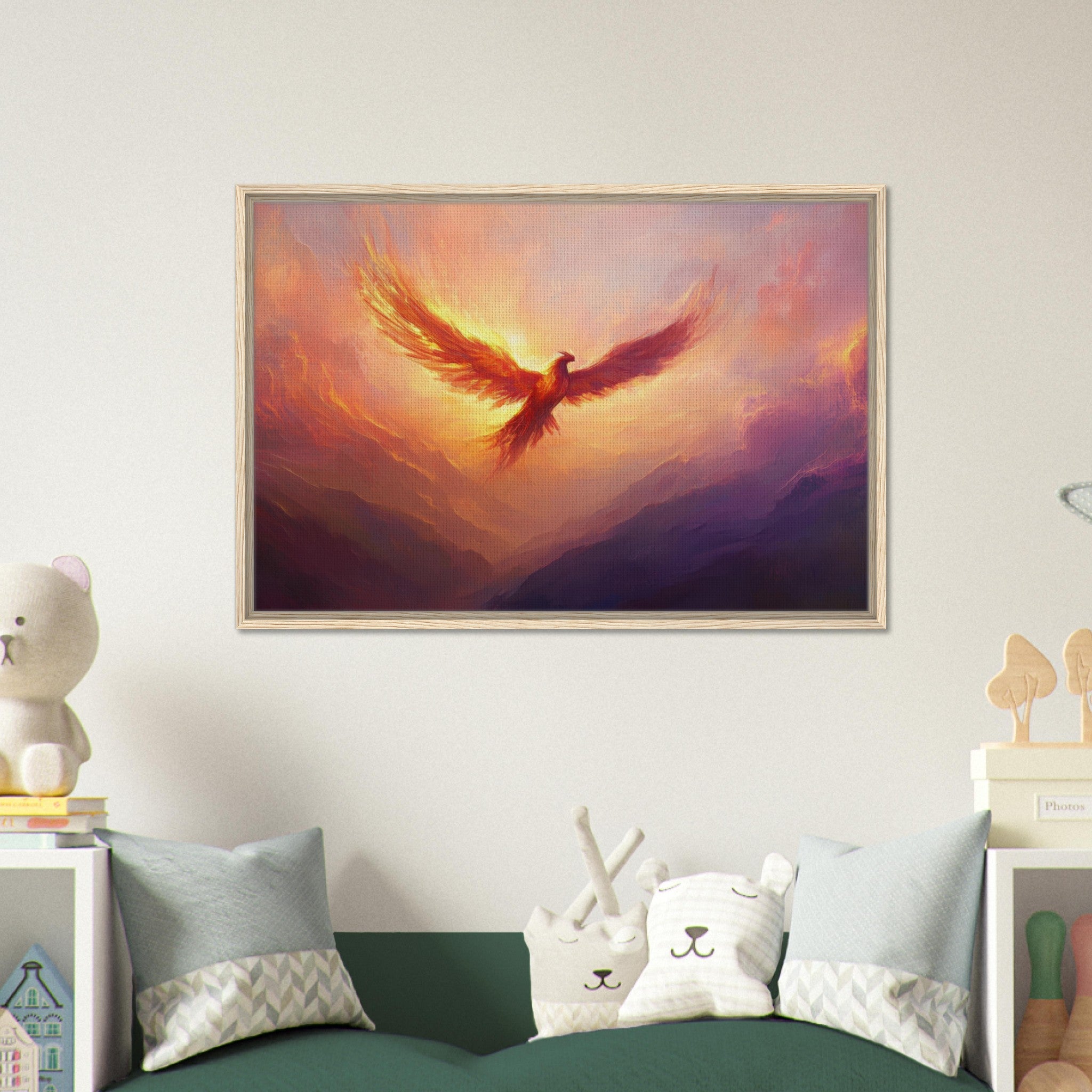 Framed Canvas Landscape - A celestial phoenix soars above a misty valley - Shop Ai Art WebShop - Digital Art online Store