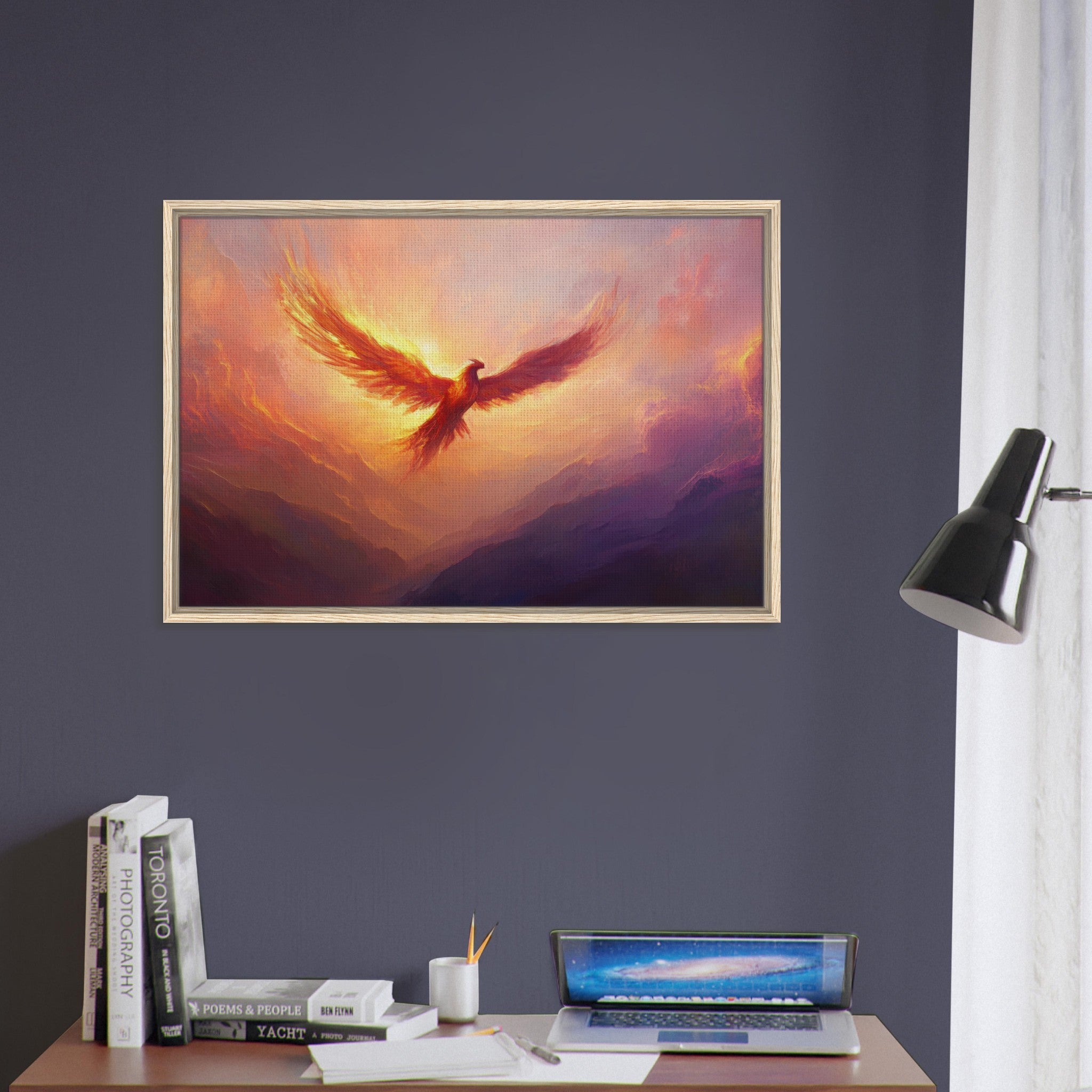 Framed Canvas Landscape - A celestial phoenix soars above a misty valley - Shop Ai Art WebShop - Digital Art online Store